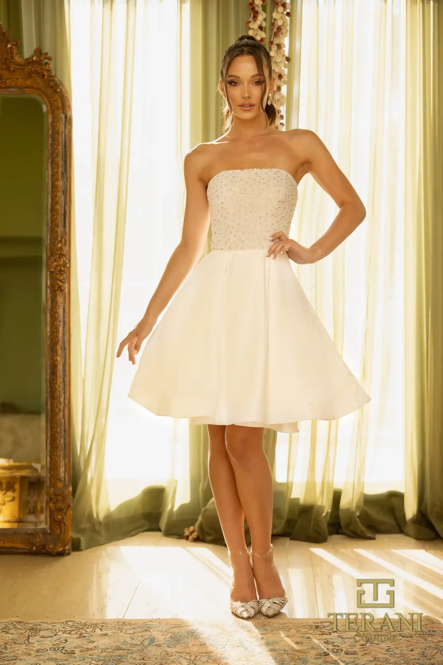 Terani Couture 242C3055 Ivory Matte Satin Strapless Cocktail Dress