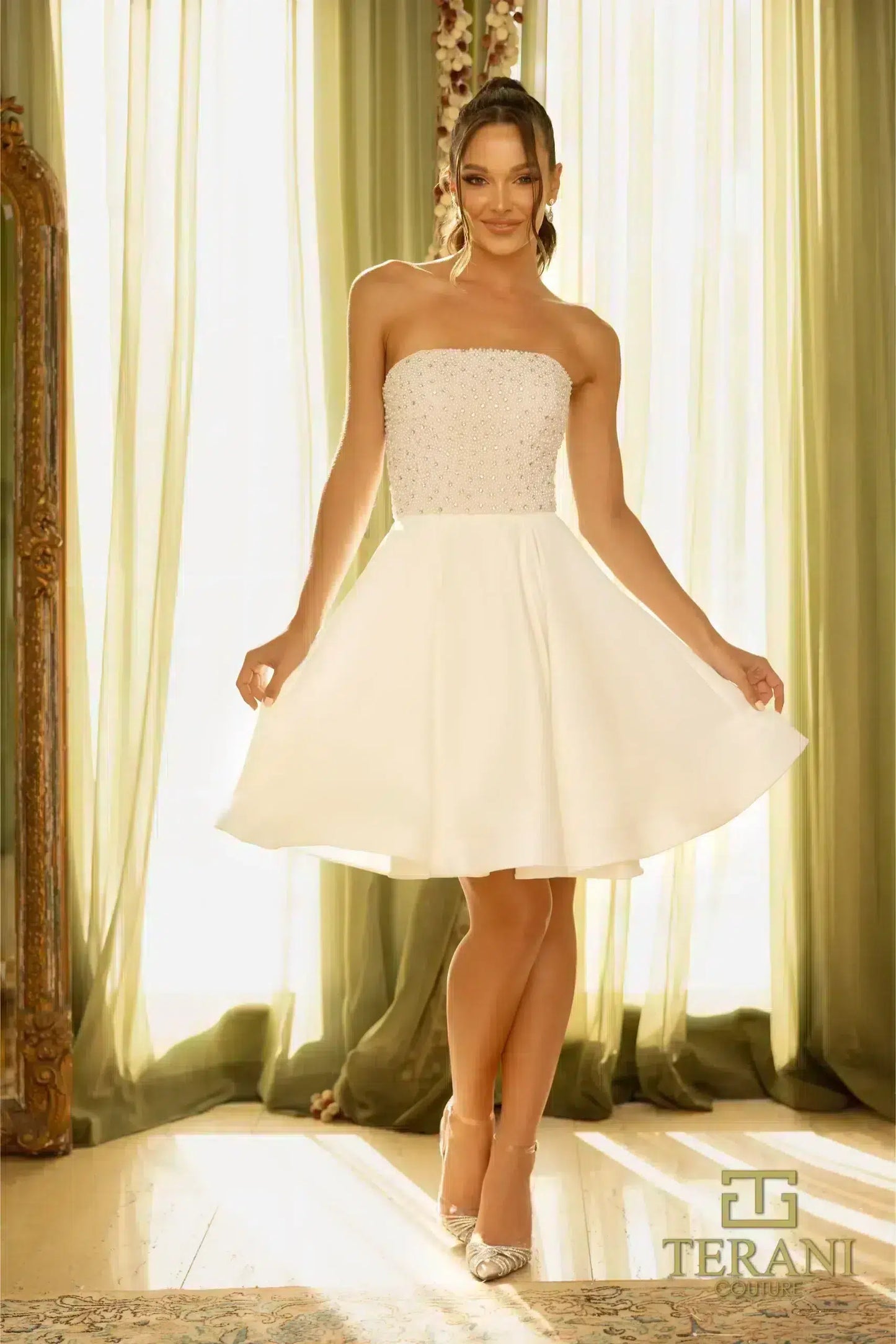 Terani Couture 242C3055 Ivory Matte Satin Strapless Cocktail Dress