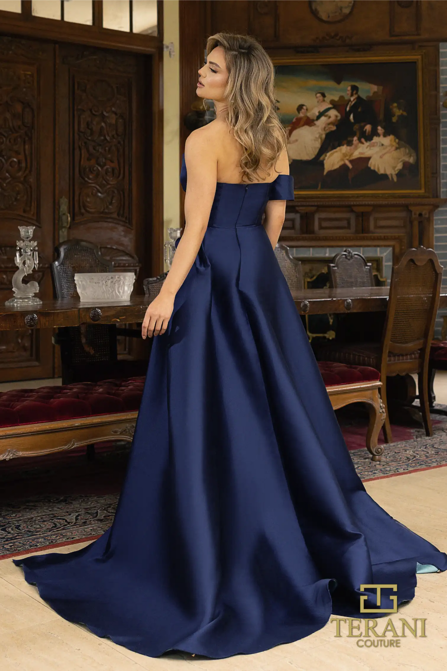 Terani Couture 242E3148 Printed Jacquard Strapless Long Ballgown Dress
