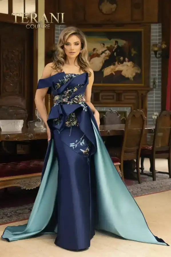 Terani Couture 242E3148 Printed Jacquard Strapless Long Ballgown Dress