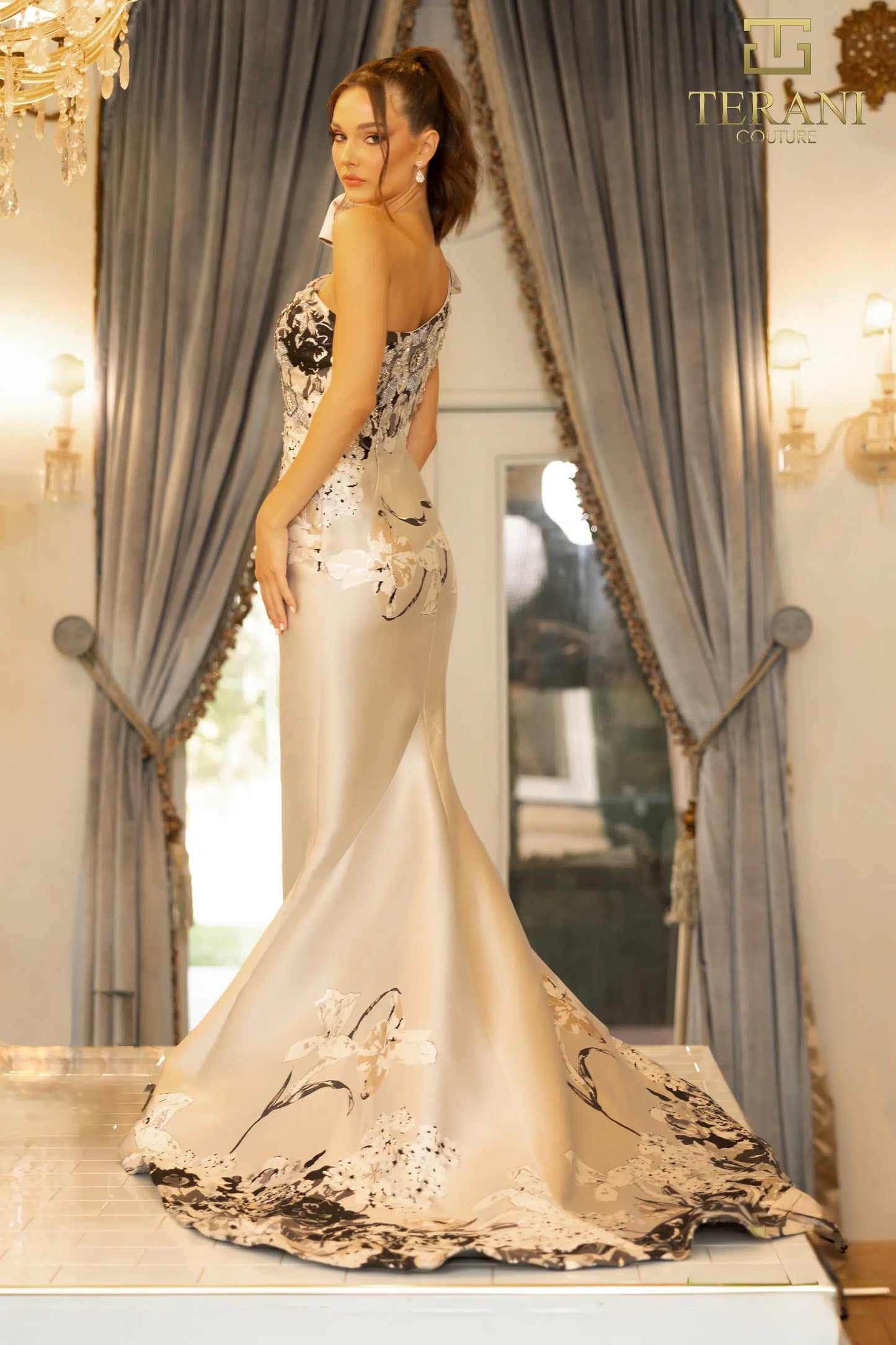 Terani Couture 242E3165 Print Mikado One Shoulder Trumpet Evening Dress