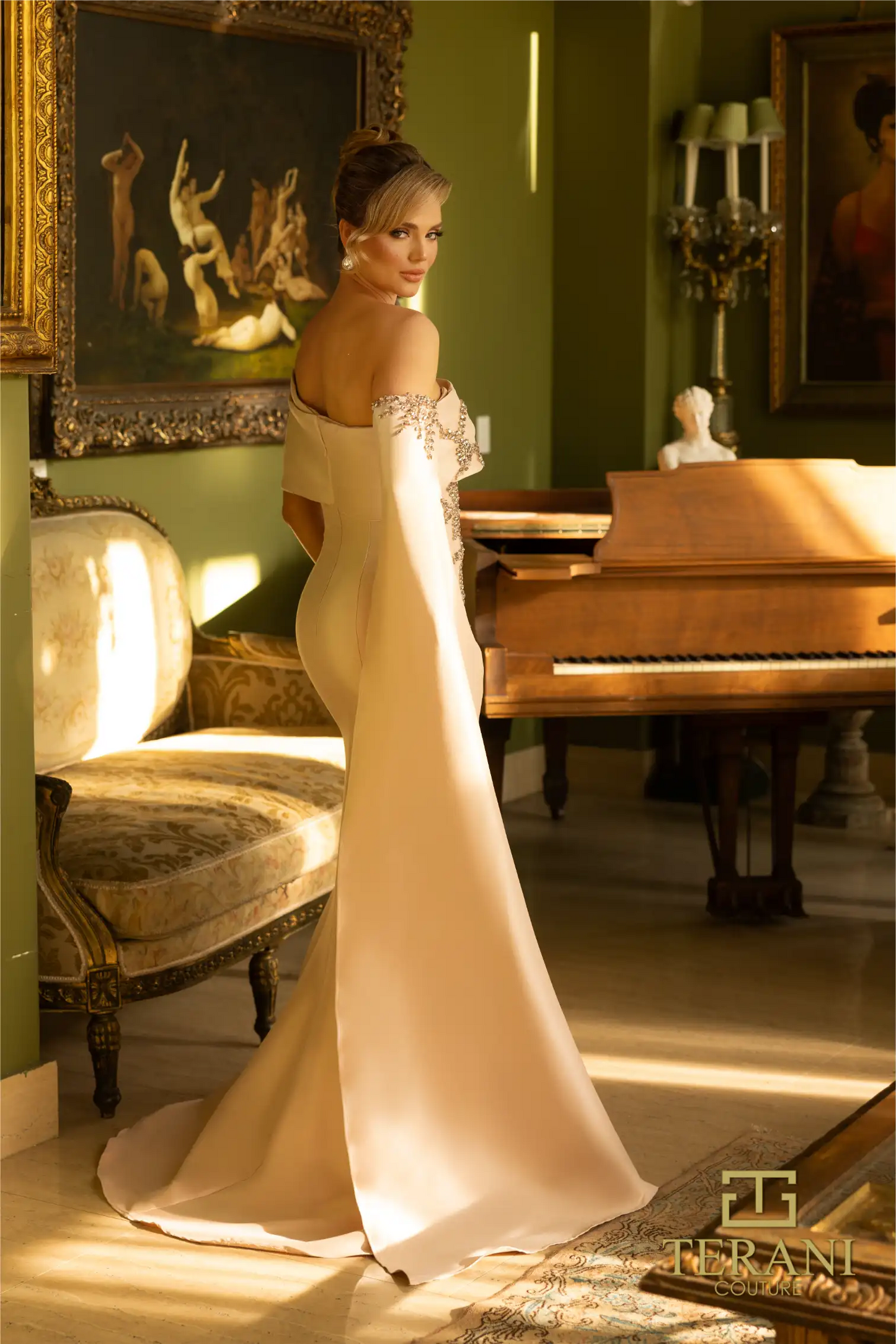 Terani Couture 242M3311 Stretch Mikado One Shoulder Front Slit Trumpet Dress