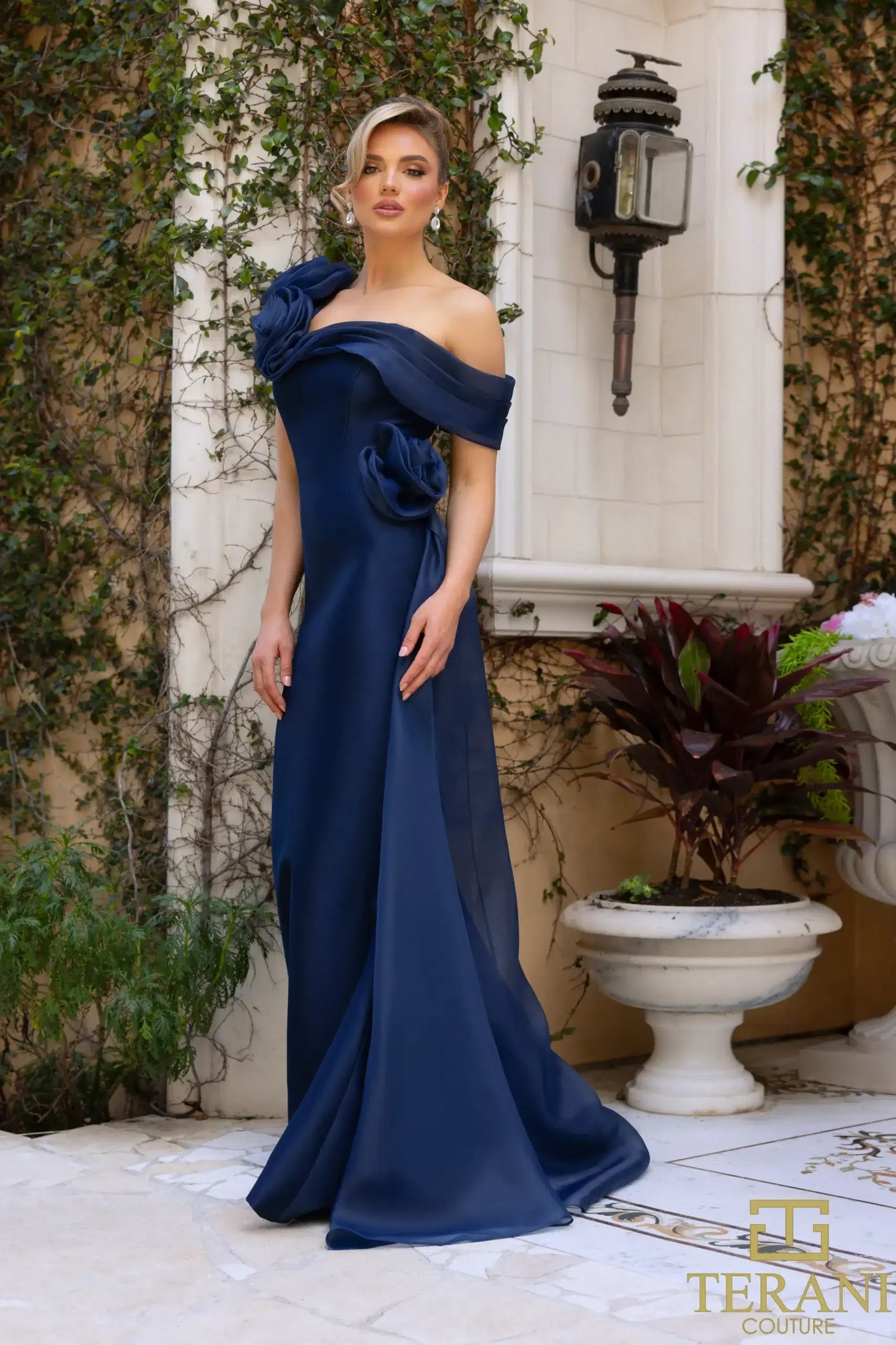 Terani Couture 242M3342 Stretch Mikado Off-Shoulder Asymmetric Slim Dress