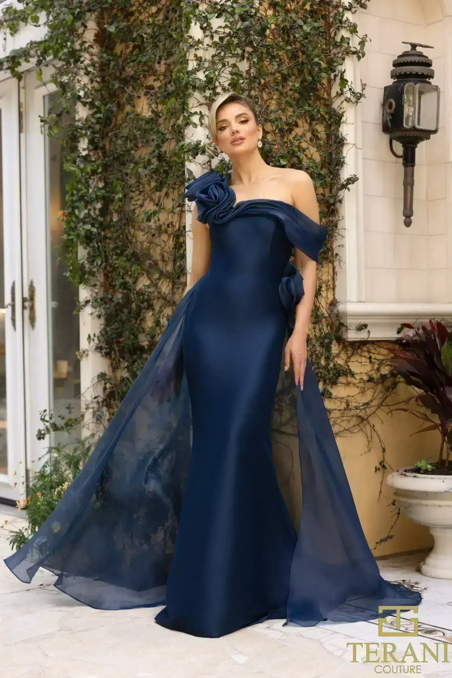 Terani Couture 242M3342 Stretch Mikado Off-Shoulder Asymmetric Slim Dress