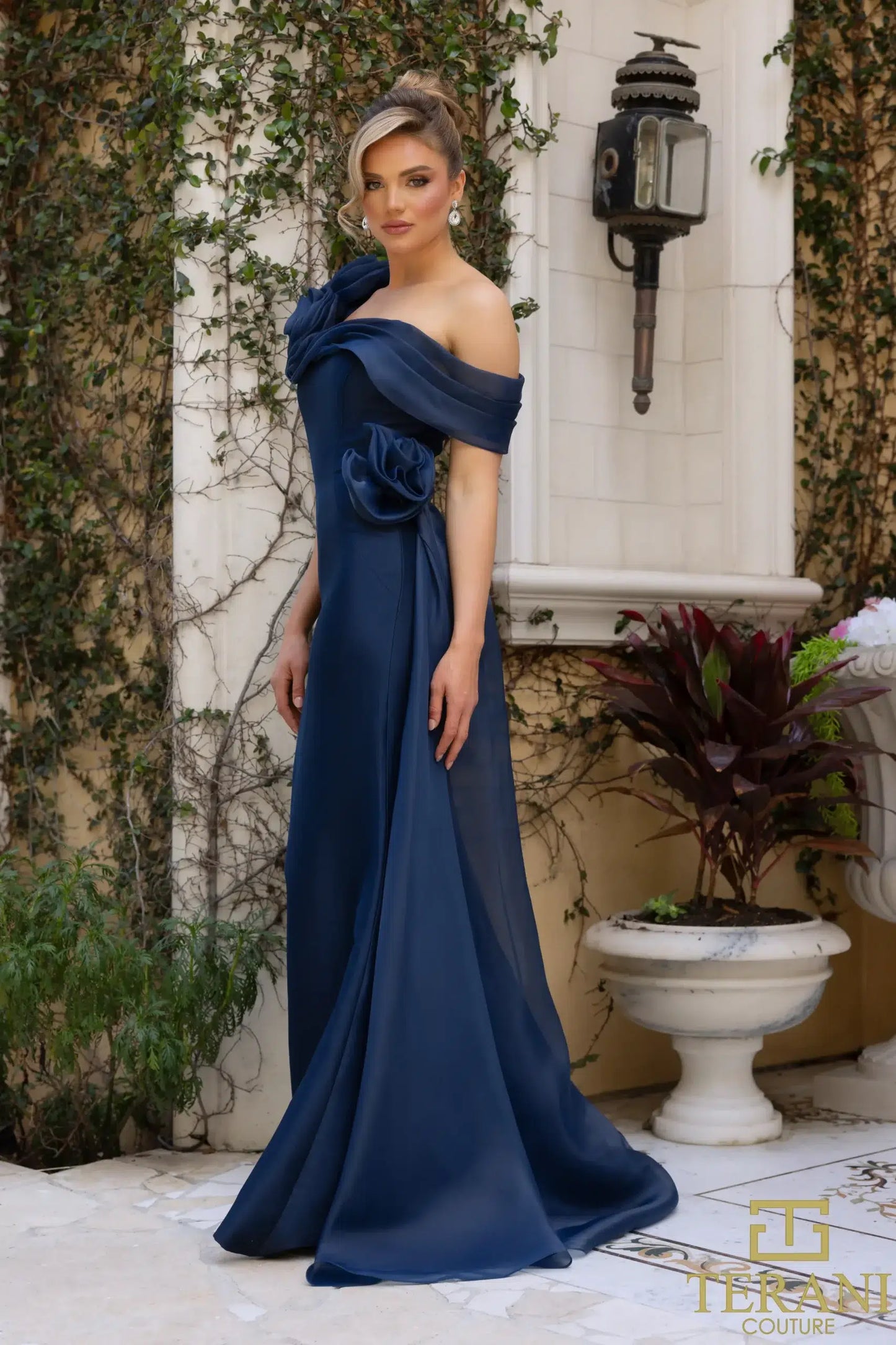 Terani Couture 242M3342 Stretch Mikado Off-Shoulder Asymmetric Slim Dress