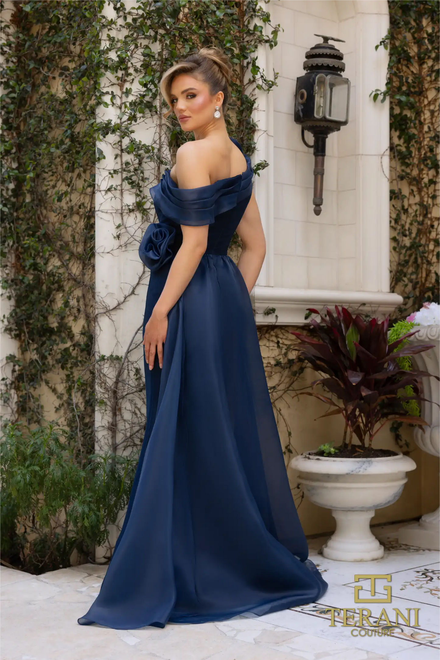 Terani Couture 242M3342 Stretch Mikado Off-Shoulder Asymmetric Slim Dress