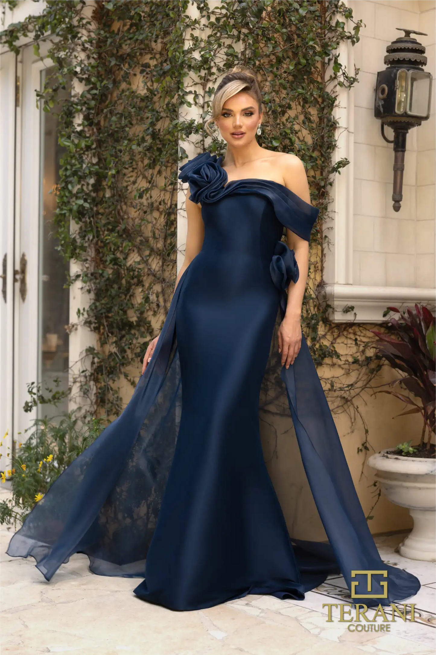 Terani Couture 242M3342 Stretch Mikado Off-Shoulder Asymmetric Slim Dress
