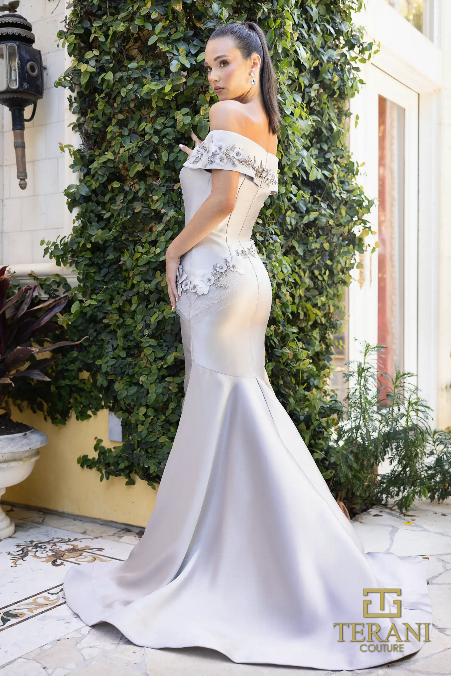 Terani Couture 242M3356 Mikado Off-Shoulder Long Trumpet Dress