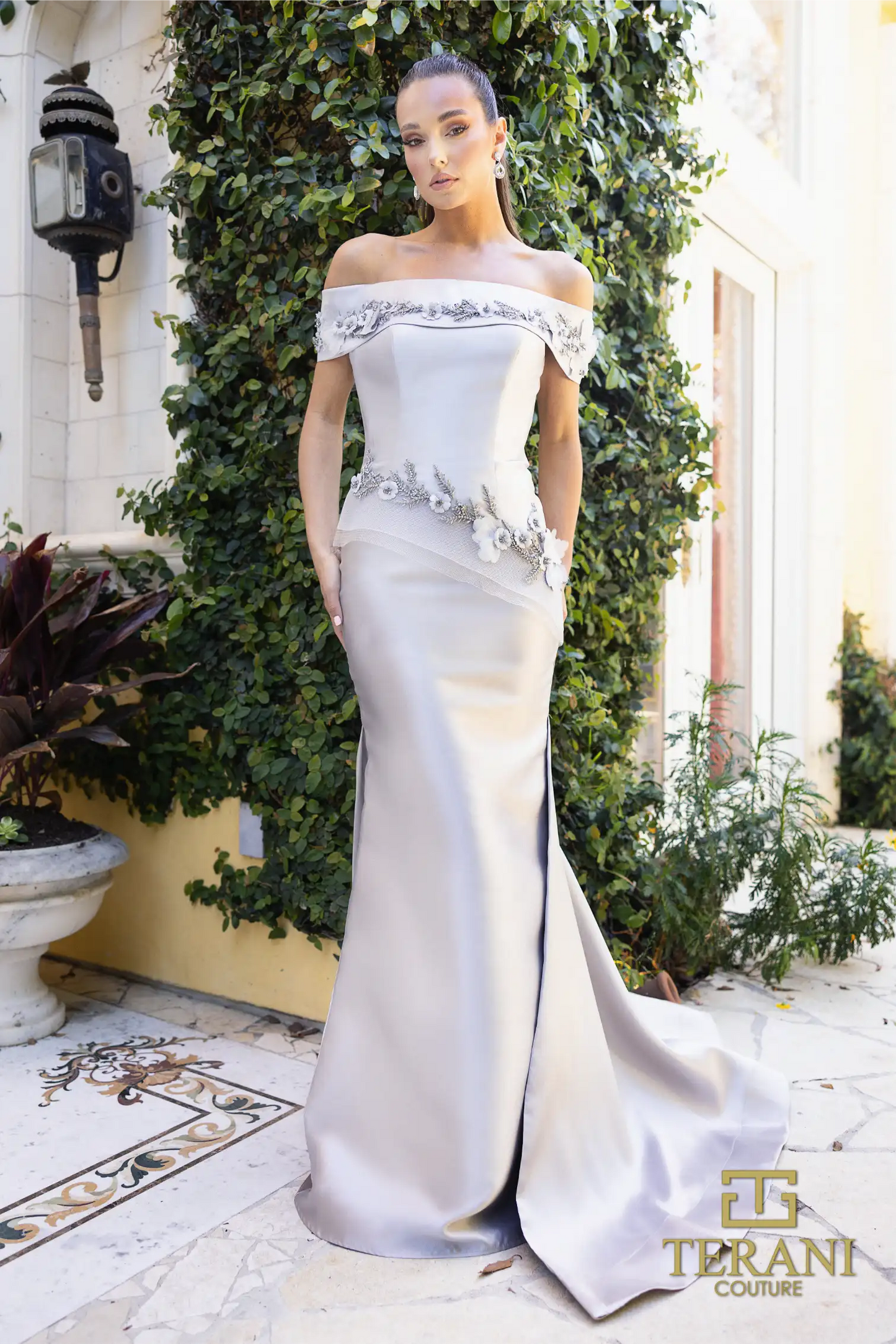 Terani Couture 242M3356 Mikado Off-Shoulder Long Trumpet Dress