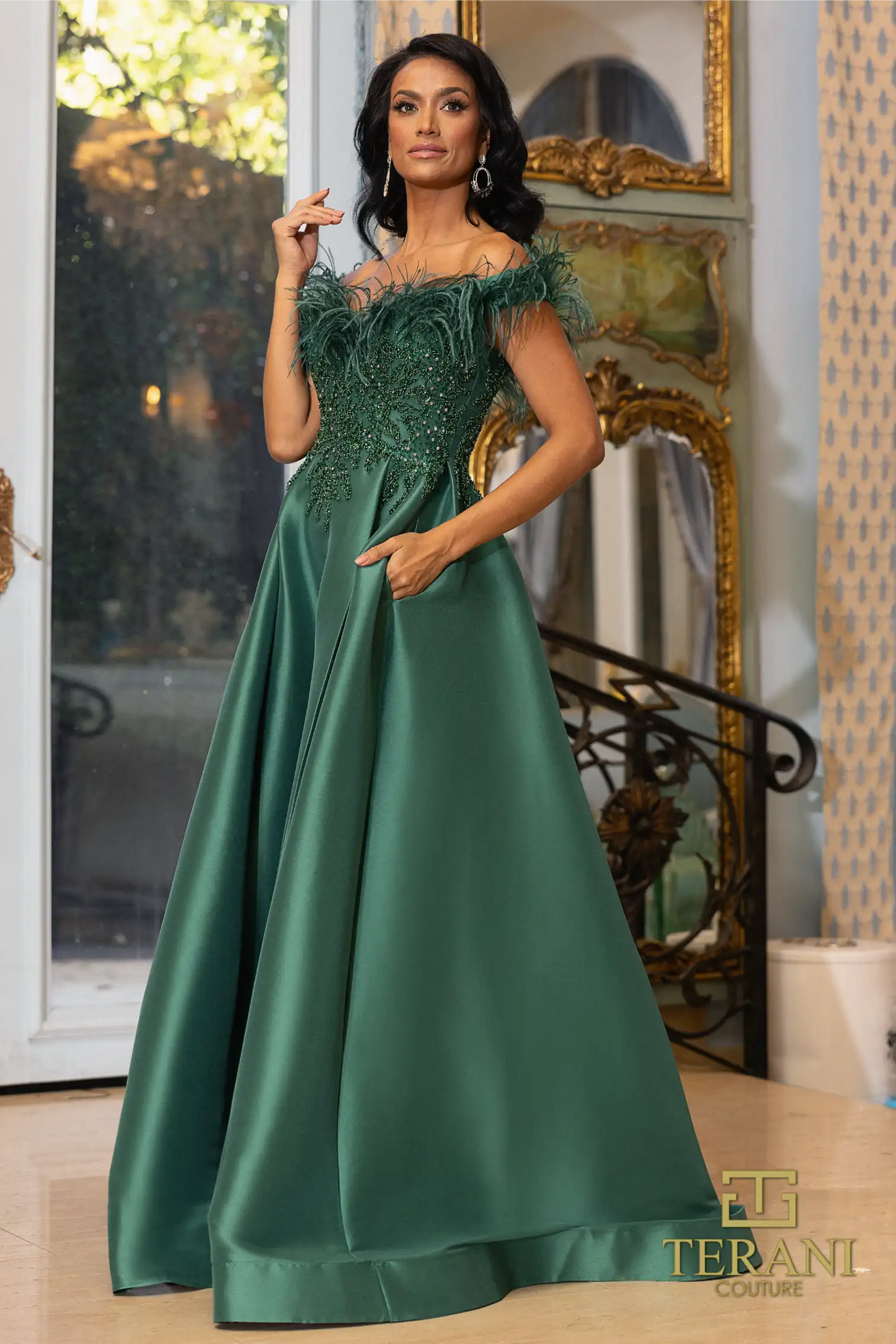 Terani Couture 242M3357 Stretch Mikado Off-Shoulder Ballgown Dress