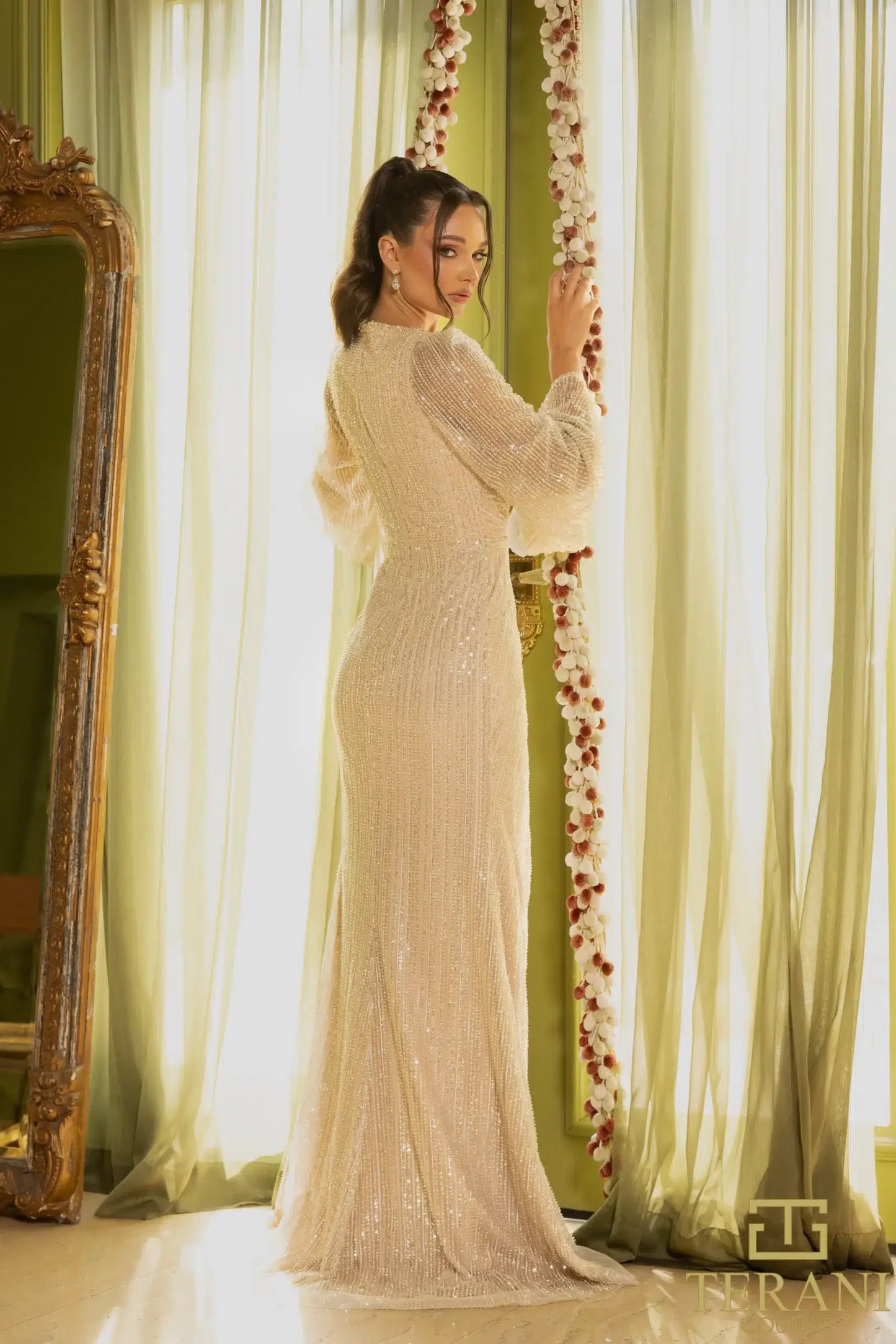 Terani Couture 242M3360 V-Neck Bell Sleeves Long Sequin Dress