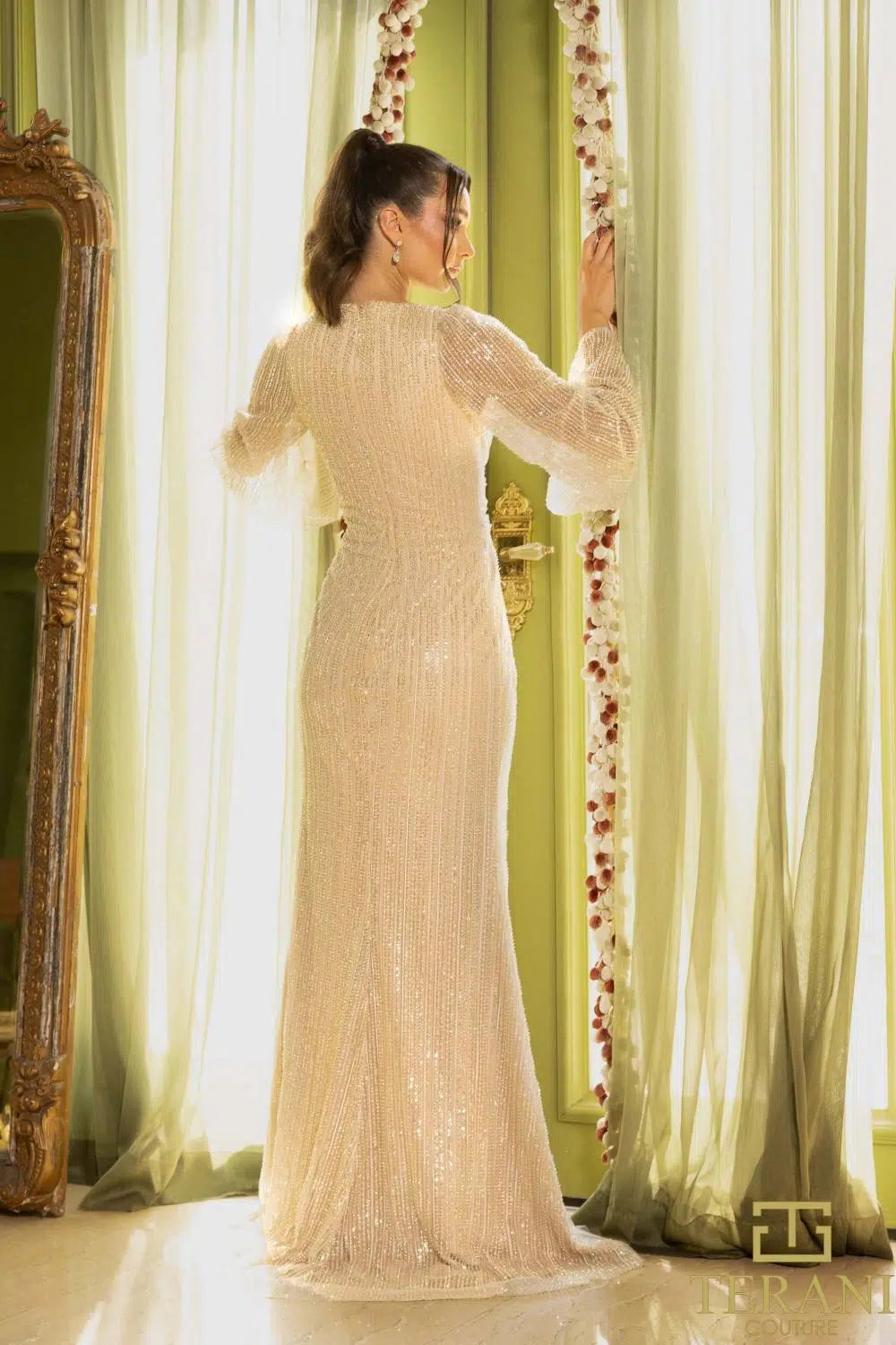 Terani Couture 242M3360 V-Neck Bell Sleeves Long Sequin Dress