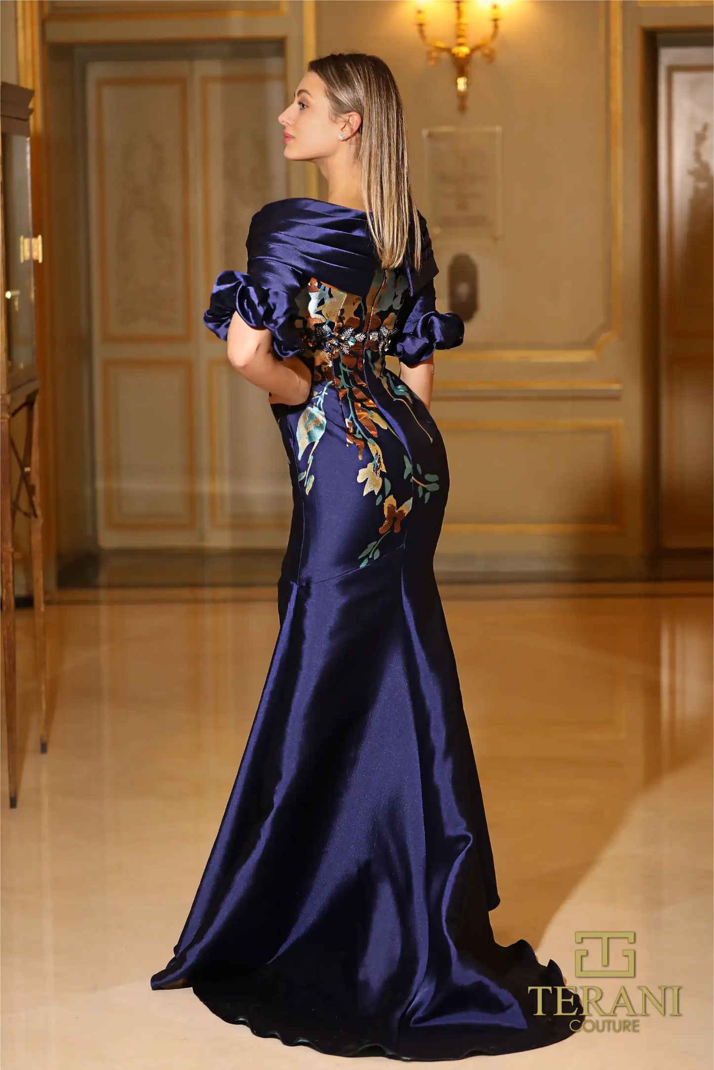 Terani Couture 242M3368 Printed Jacquard 3/4 Sleeves Long Slim Dress