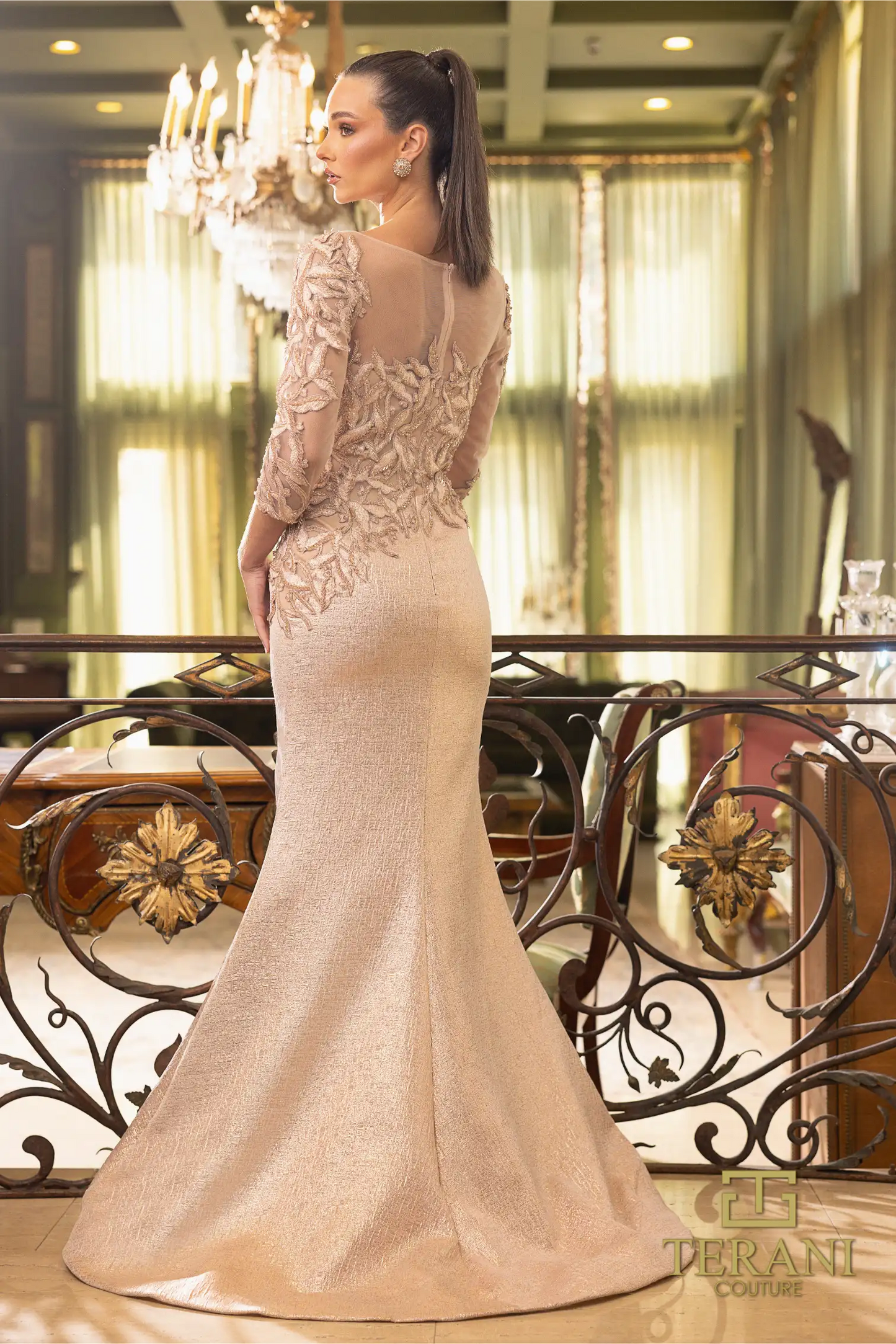 Terani Couture 242M3374 Jacquard 3/4 Sleeves Trumpet Dress