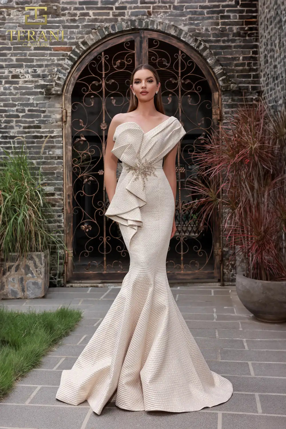 Terani Couture 251E4201 One Shoulder Ruffles Long Dress