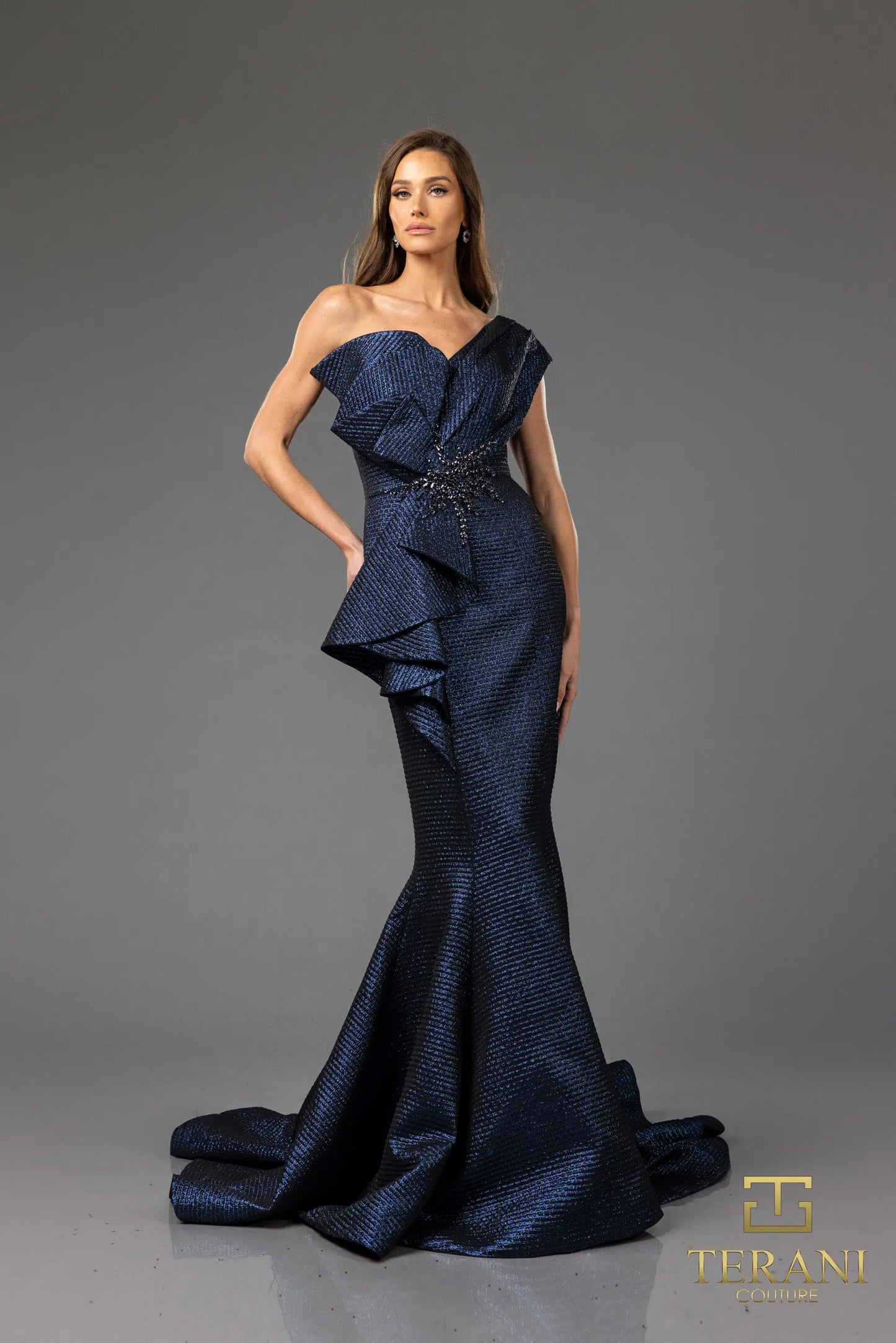 Terani Couture 251E4201 One Shoulder Ruffles Long Dress