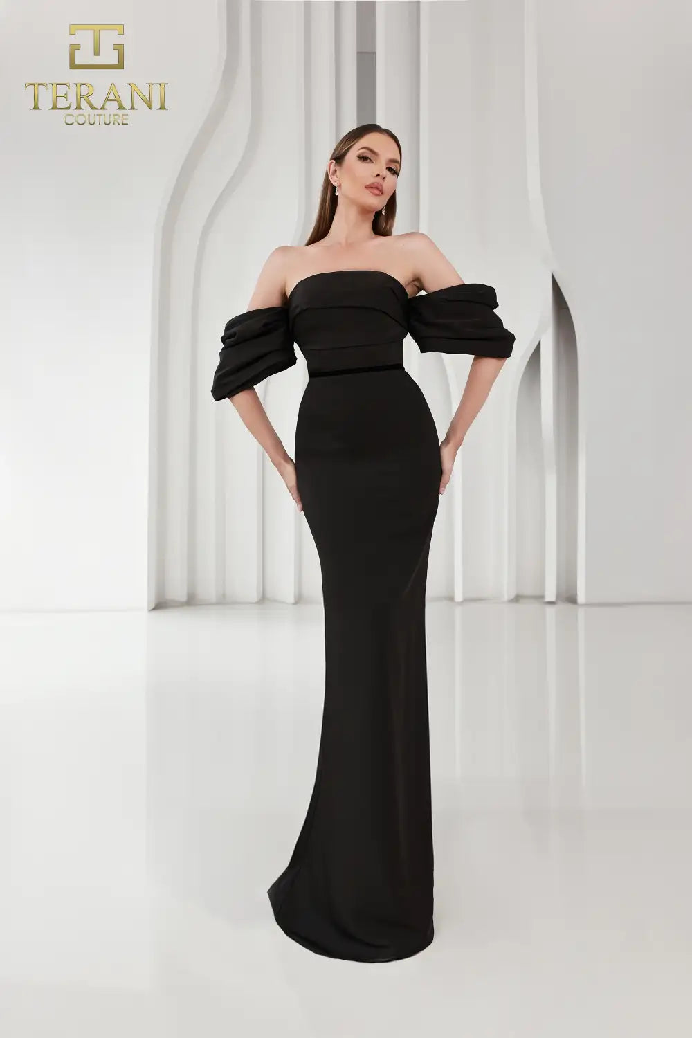 Terani Couture 251E4204 Matte Satin Off-Shoulder Back Slit Sheath Dress