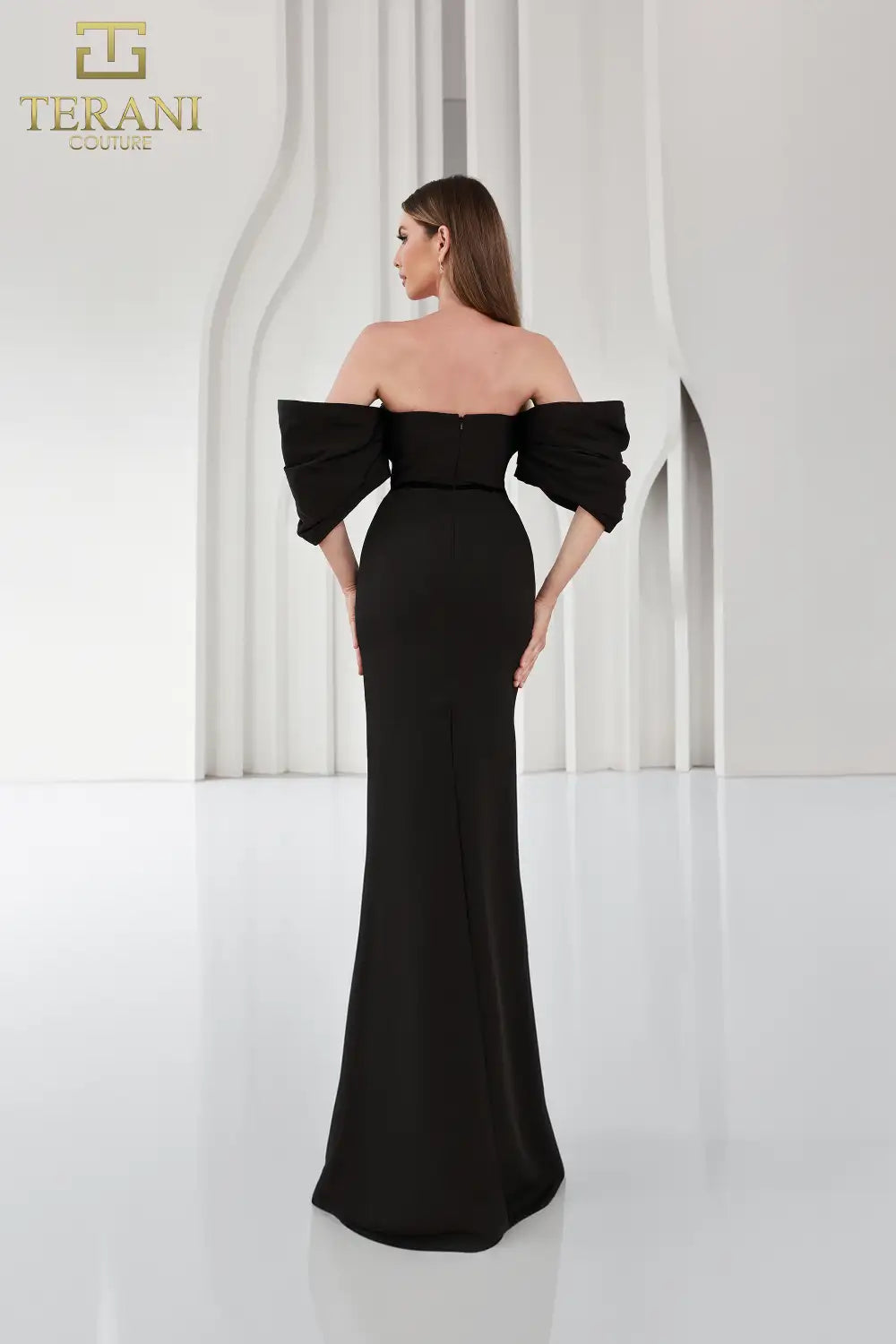 Terani Couture 251E4204 Matte Satin Off-Shoulder Back Slit Sheath Dress
