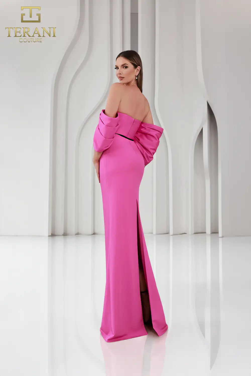 Terani Couture 251E4204 Matte Satin Off-Shoulder Back Slit Sheath Dress