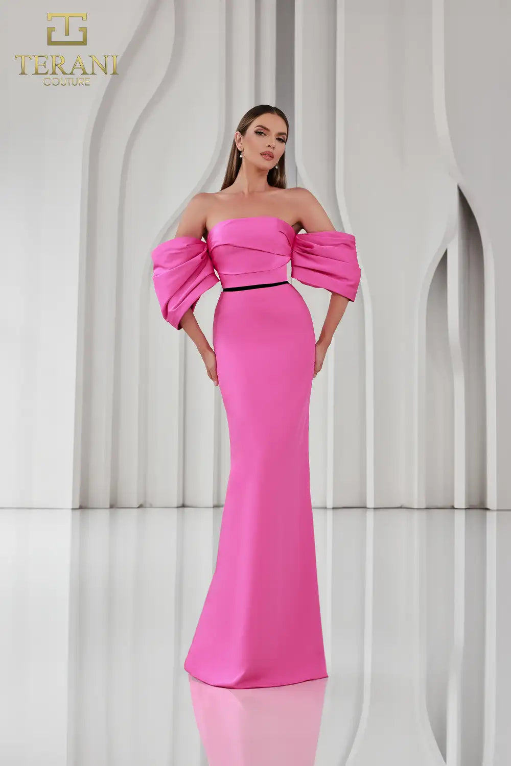 Terani Couture 251E4204 Matte Satin Off-Shoulder Back Slit Sheath Dress