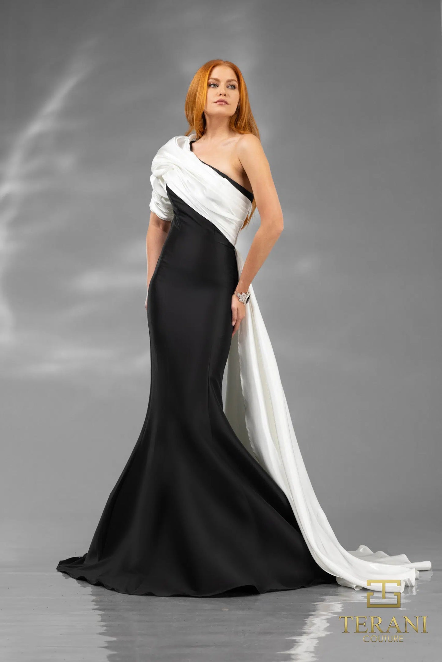 Terani Couture 251E4205 Fit and Flare One Shoulder Emerald Long Evening Dress