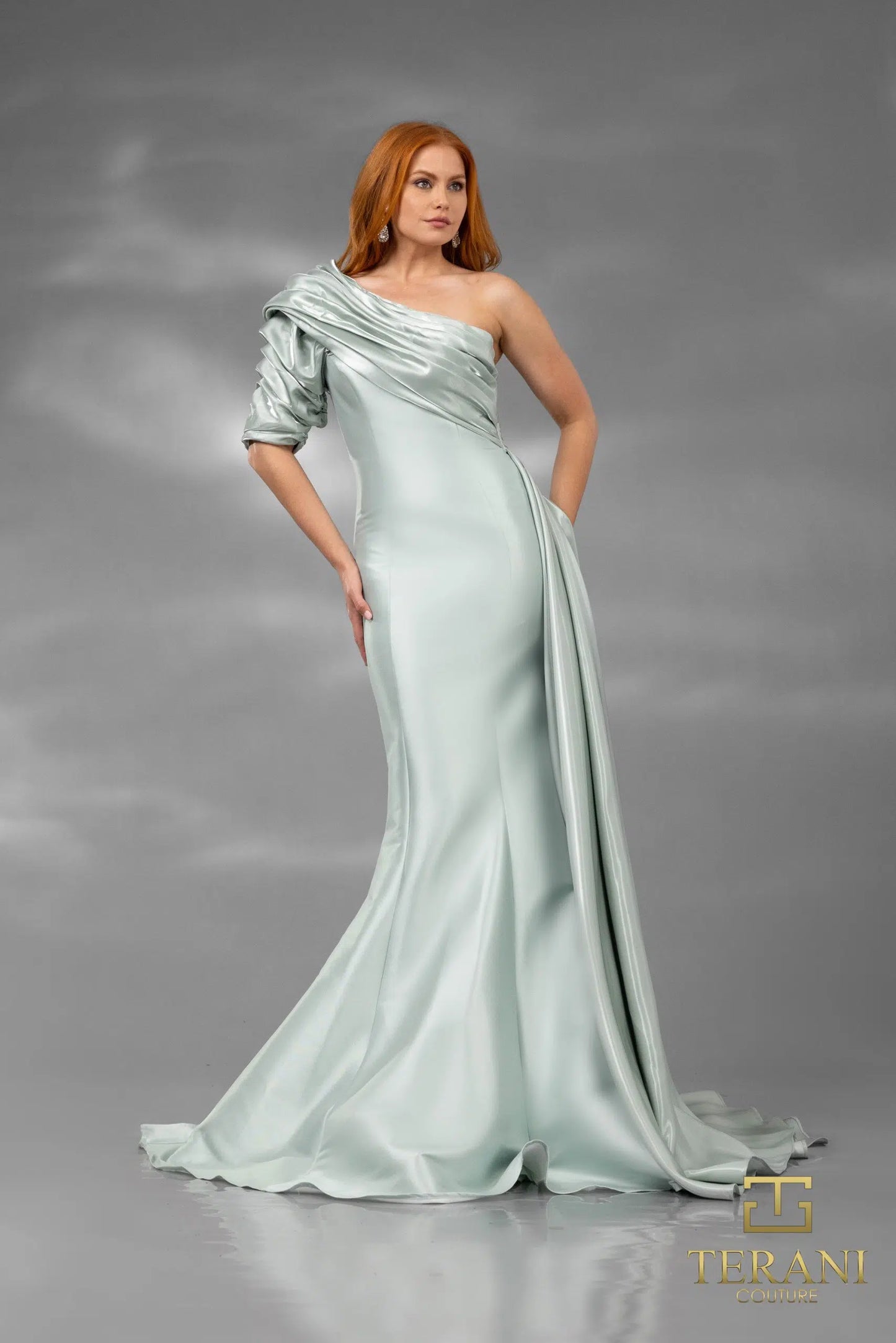 Terani Couture 251E4205 Fit and Flare One Shoulder Emerald Long Evening Dress