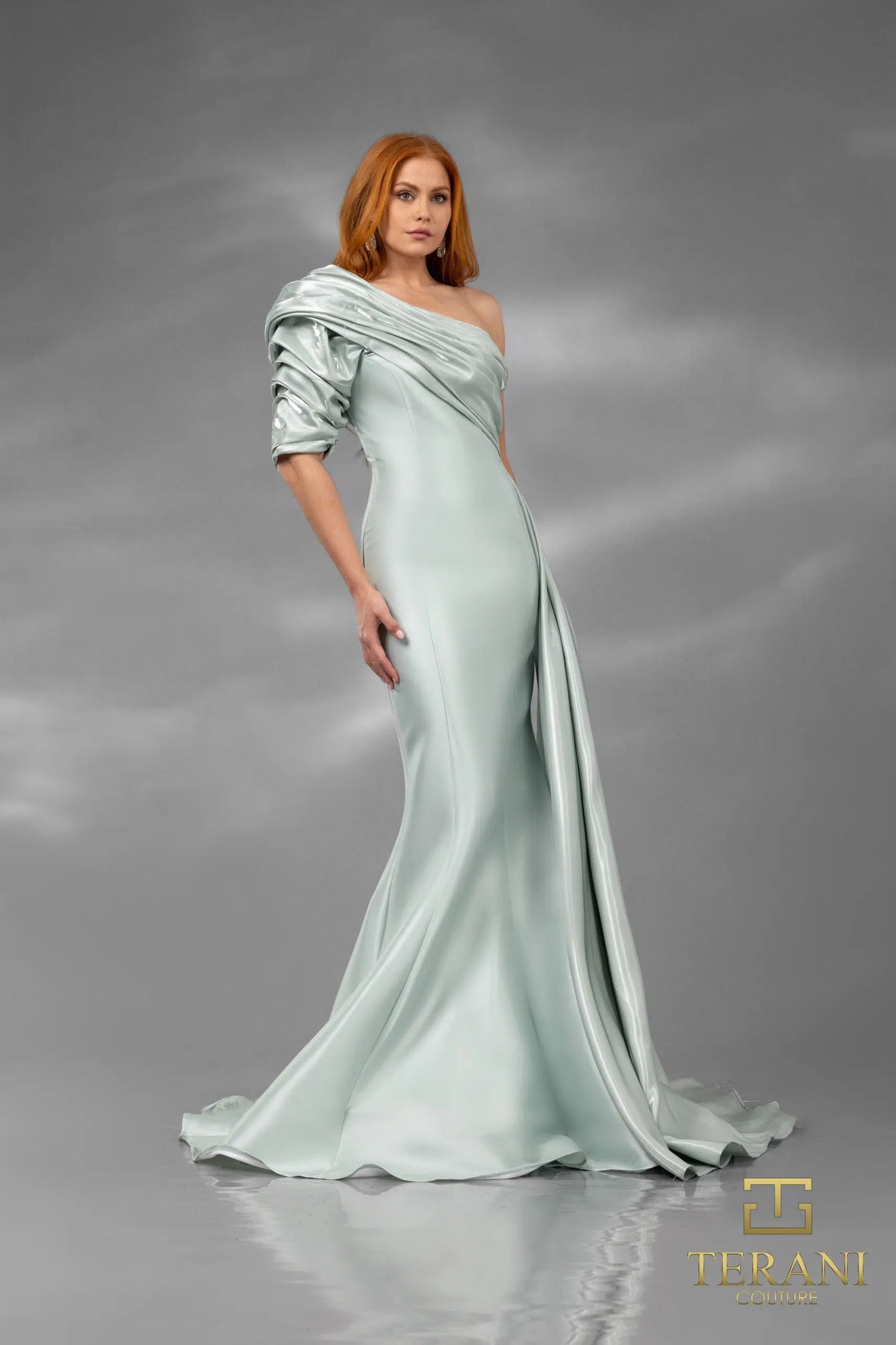 Terani Couture 251E4205 Fit and Flare One Shoulder Emerald Long Evening Dress