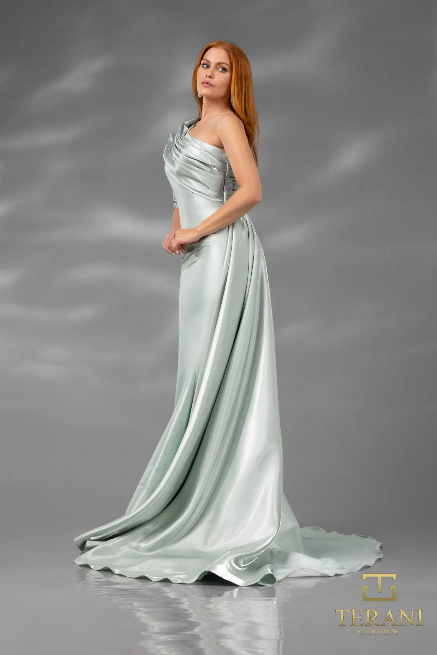 Terani Couture 251E4205 Fit and Flare One Shoulder Emerald Long Evening Dress