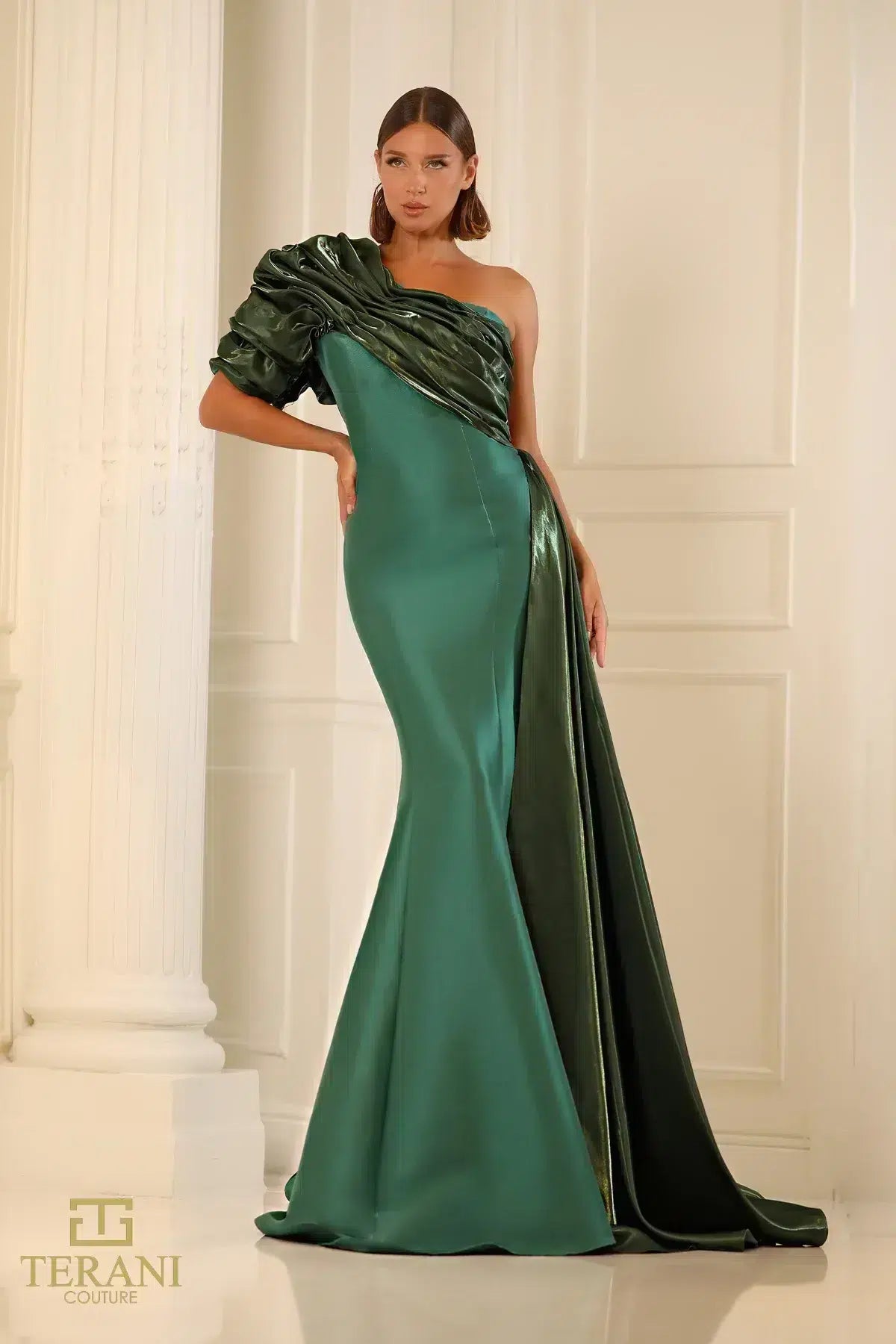 Terani Couture 251E4205 Fit and Flare One Shoulder Emerald Long Evening Dress