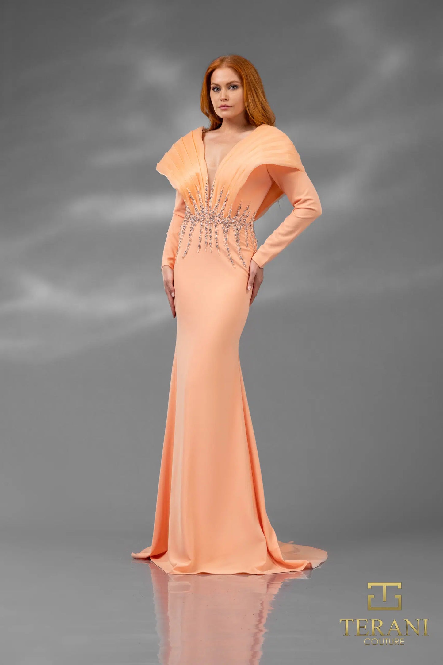 Terani Couture 251E4222 V-neck Long Sleeves Fit and Flare Evening Dress