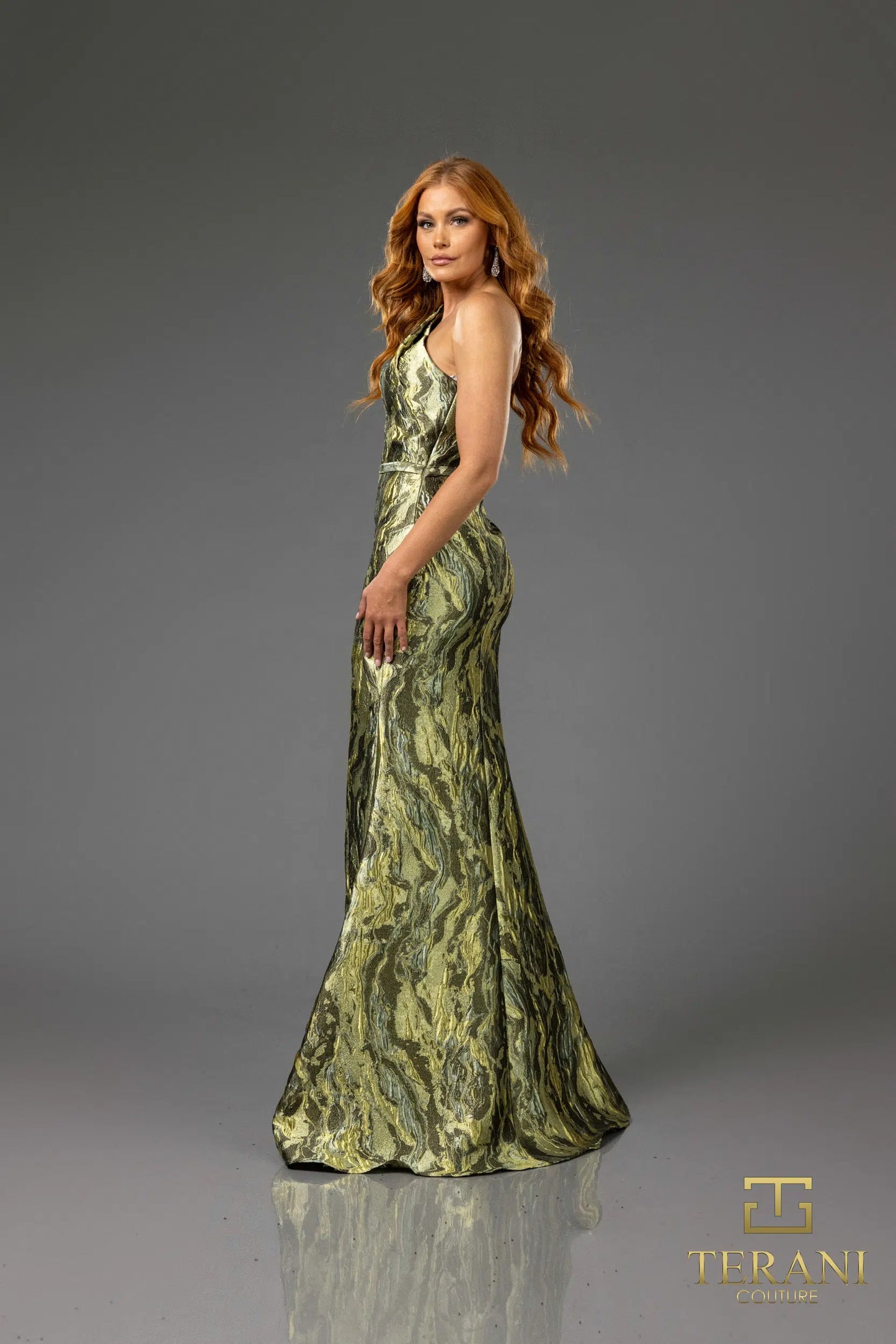Terani Couture 251E4254 Lava Jacquard Asymmetric Long Sheath Dress
