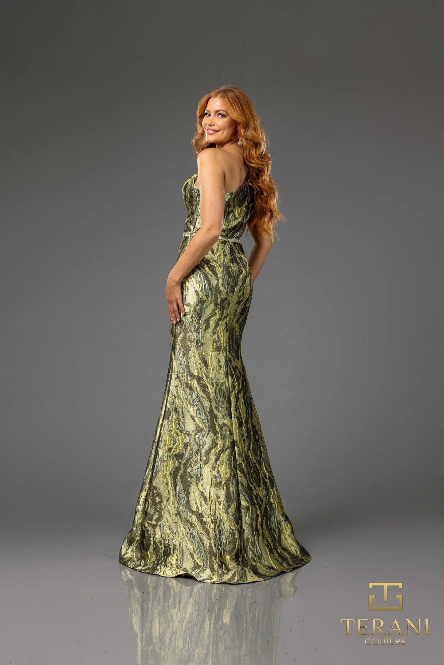 Terani Couture 251E4254 Lava Jacquard Asymmetric Long Sheath Dress
