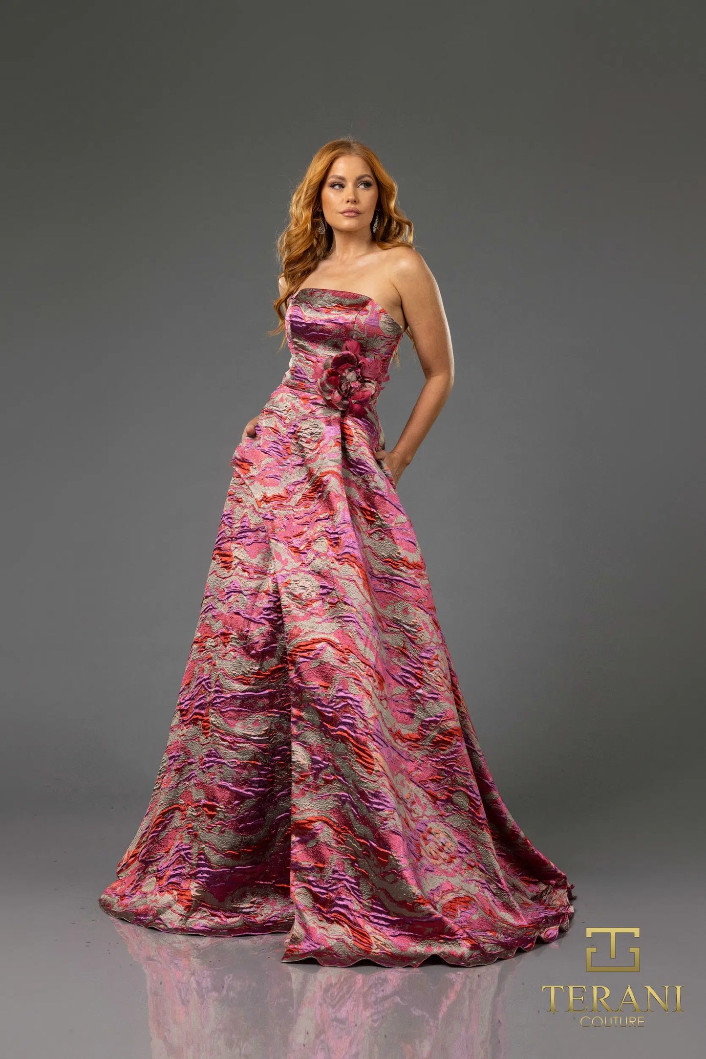 Terani Couture 251E4269 Lava Jacquard Strapless High Slit Evening Ballgown