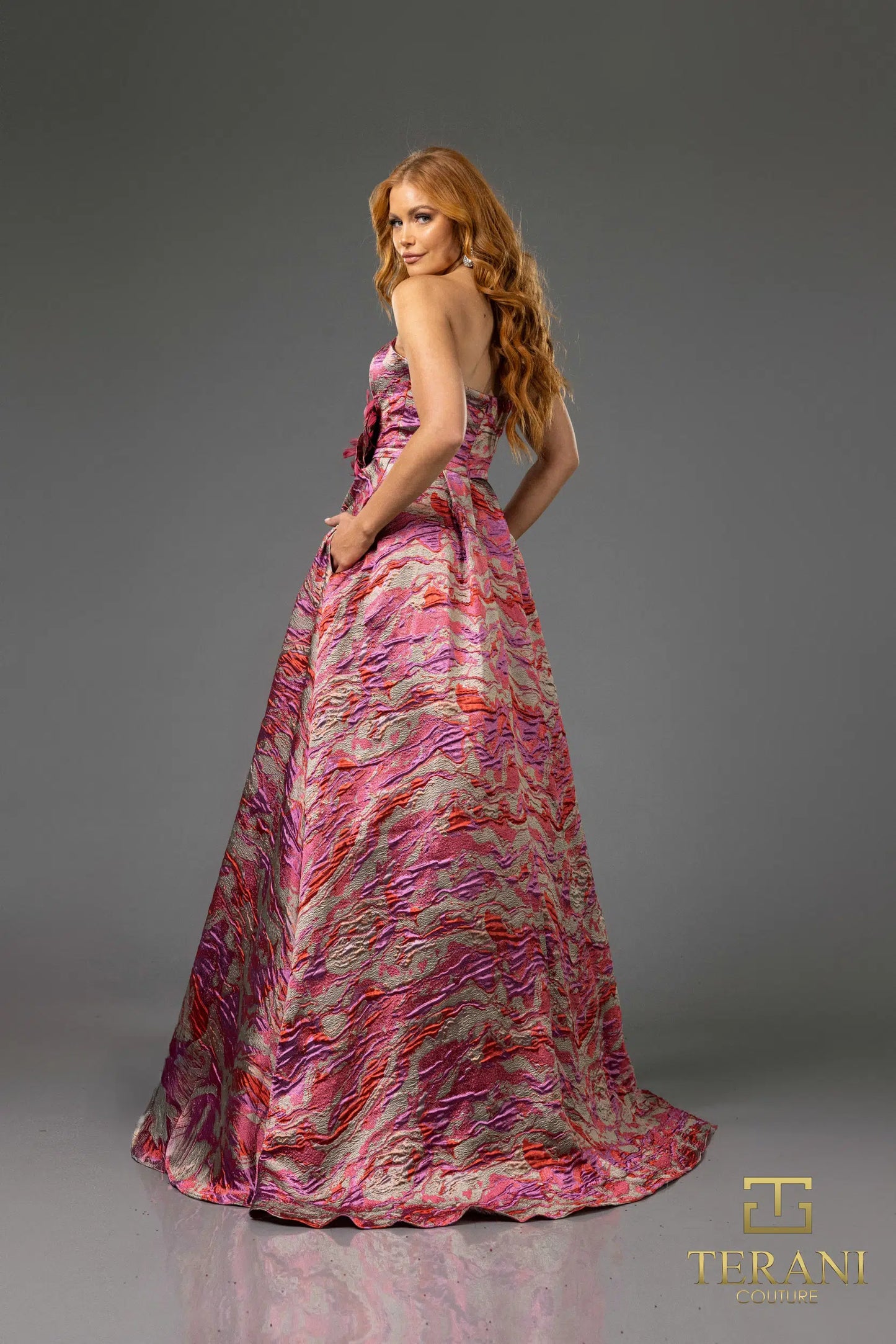 Terani Couture 251E4269 Lava Jacquard Strapless High Slit Evening Ballgown