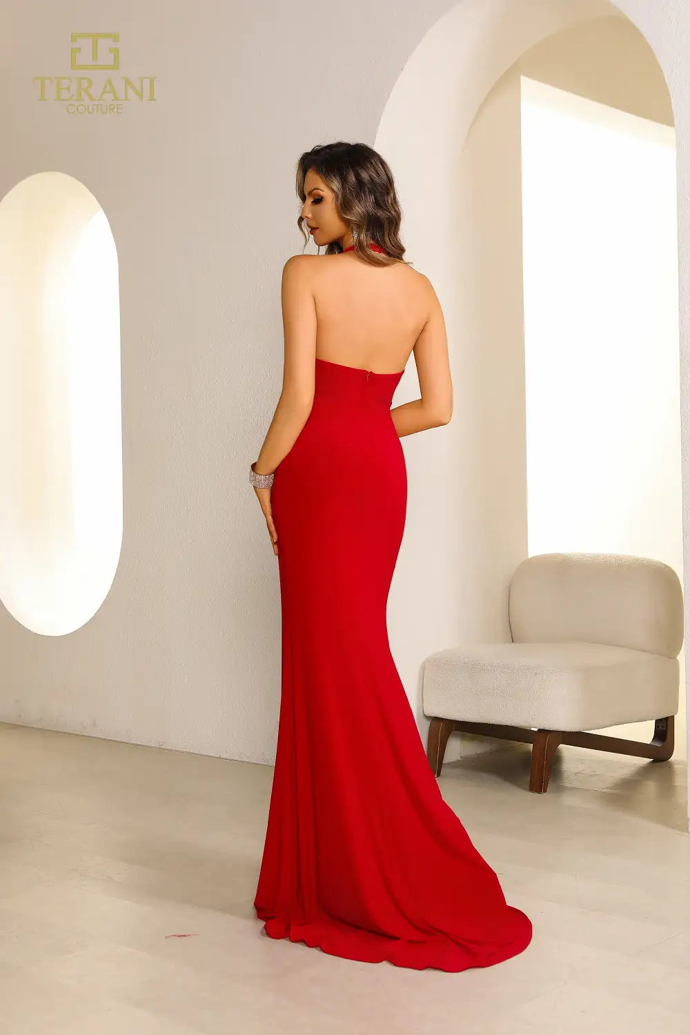 Terani Couture 251E4285 Halter Neck Fit and Flare Sleeveless Evening Dress