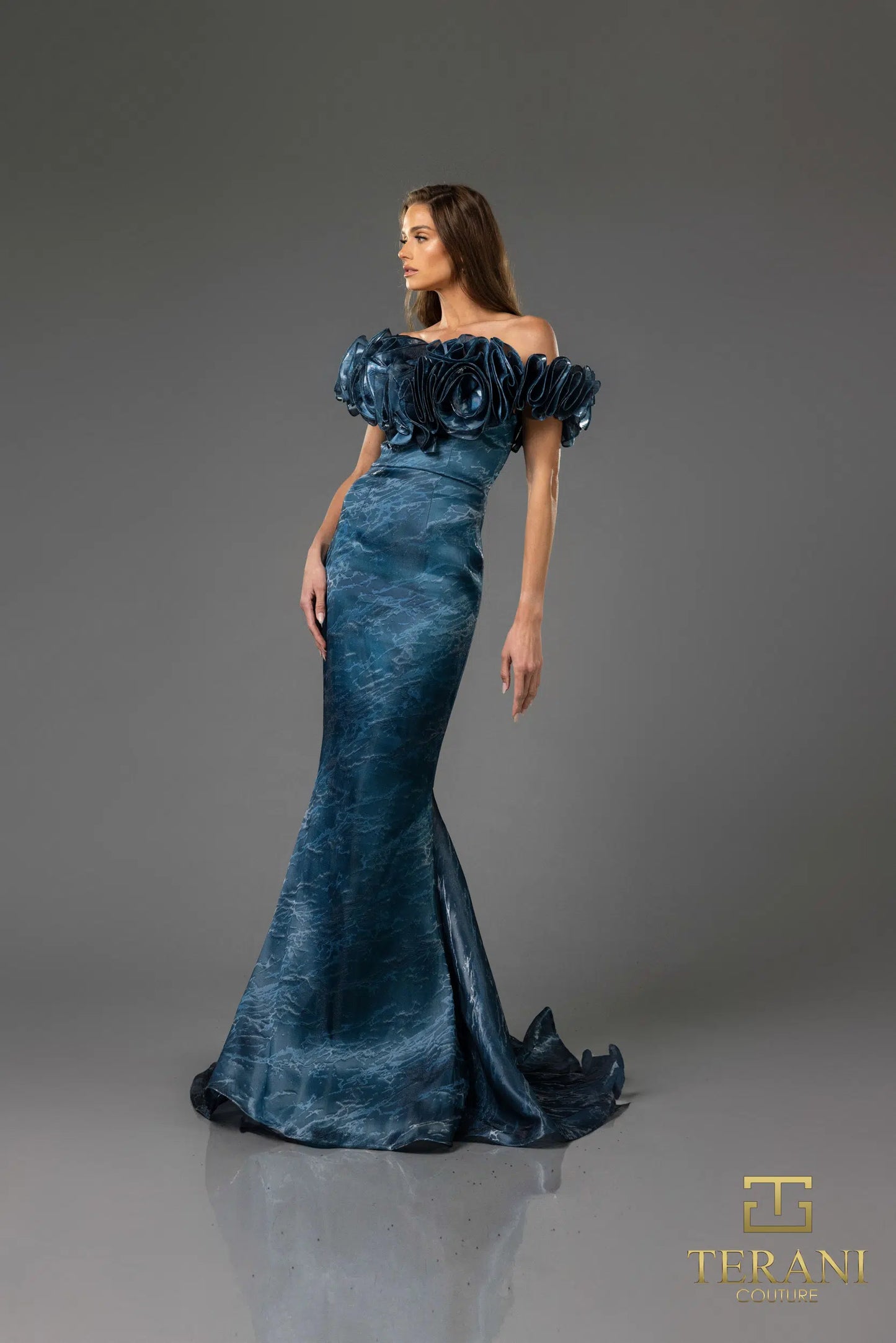 Terani Couture 251E4289 Off the Shoulder Trumpet Blue Evening Dress