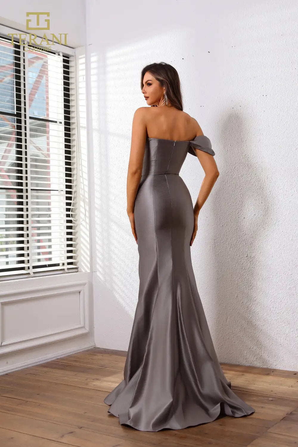 Terani Couture 251E4555 Fit and Flare One Shoulder Satin Evening Dress