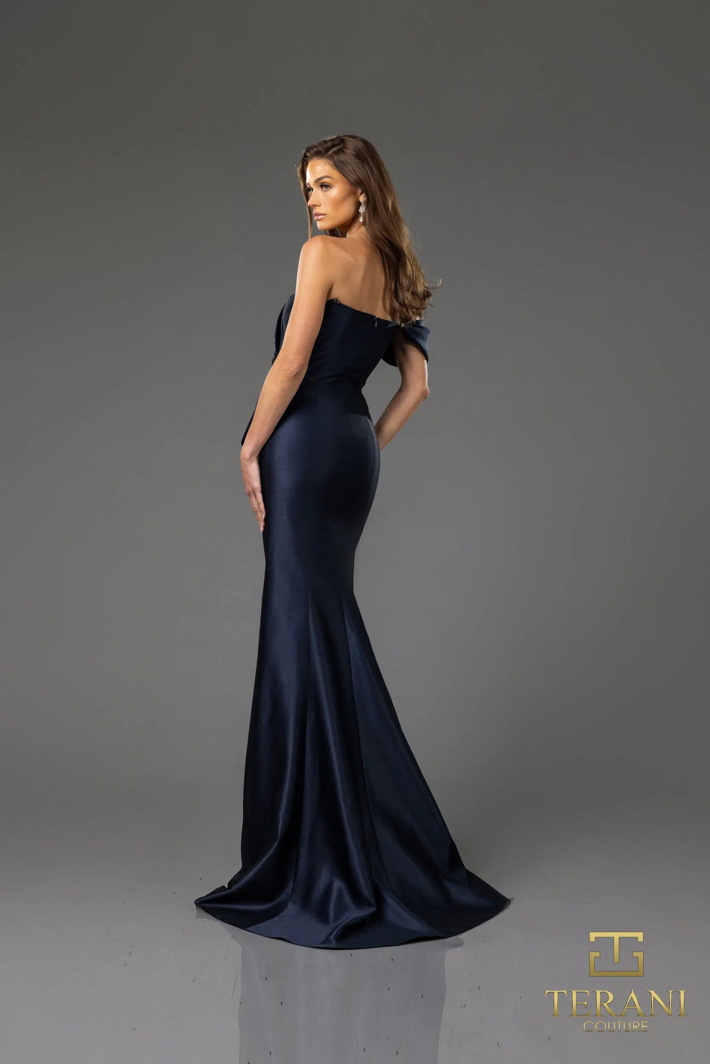 Terani Couture 251E4555 Fit and Flare One Shoulder Satin Evening Dress