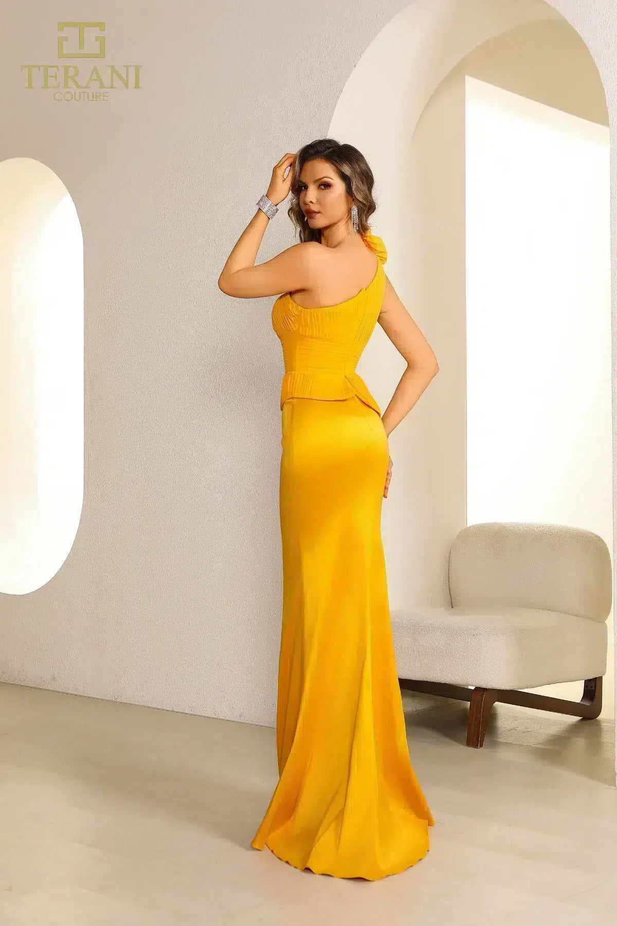 Terani Couture 251E4578 Asymmetric One Shoulder Sleeveless Sheath Evening Dress
