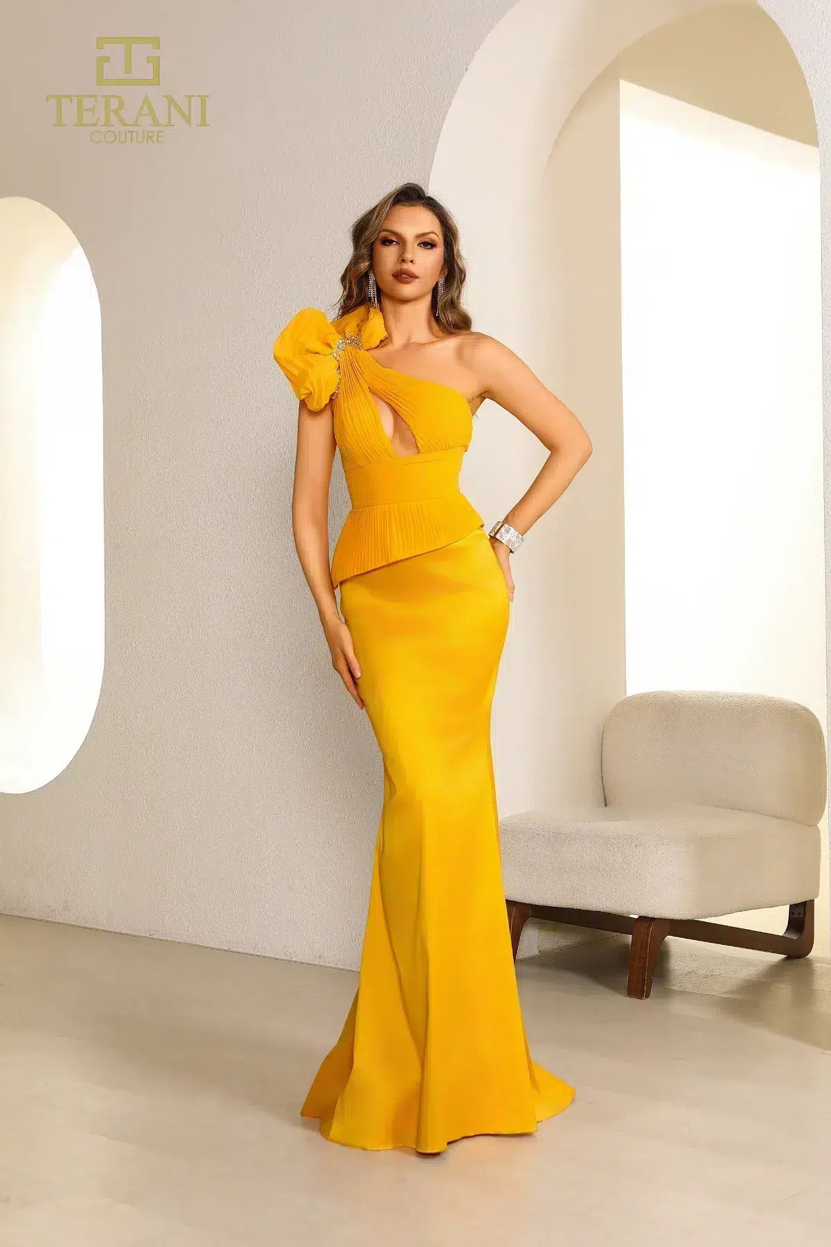 Terani Couture 251E4578 Asymmetric One Shoulder Sleeveless Sheath Evening Dress