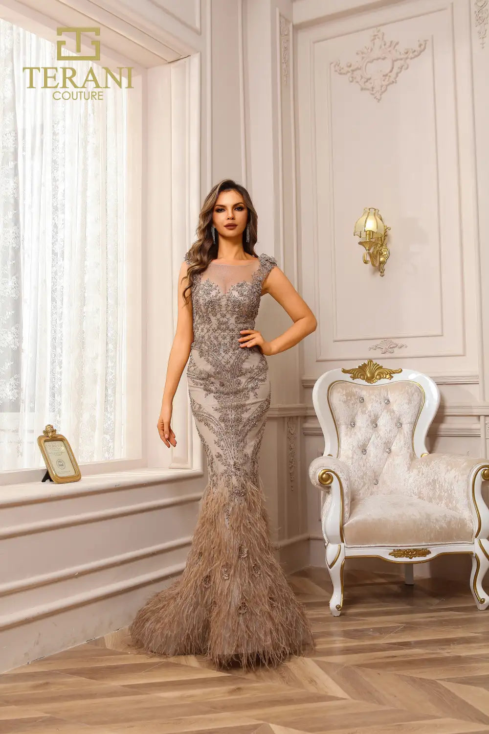 Terani Couture 251GL4198 Trumpet Sleeveless Beaded Tulle Long Pageant Dress