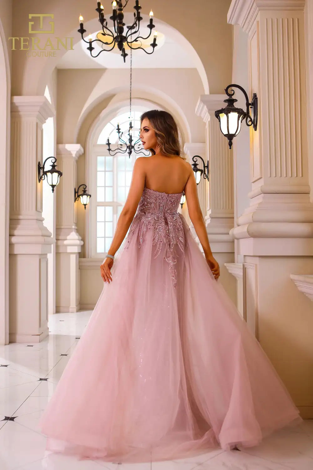 Terani Couture 251GL4312 Strapless Beaded Tulle Bodycon Long Blush Dress