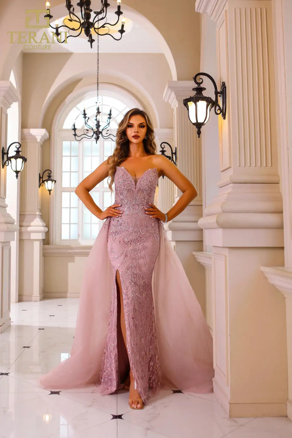 Terani Couture 251GL4312 Strapless Beaded Tulle Bodycon Long Blush Dress