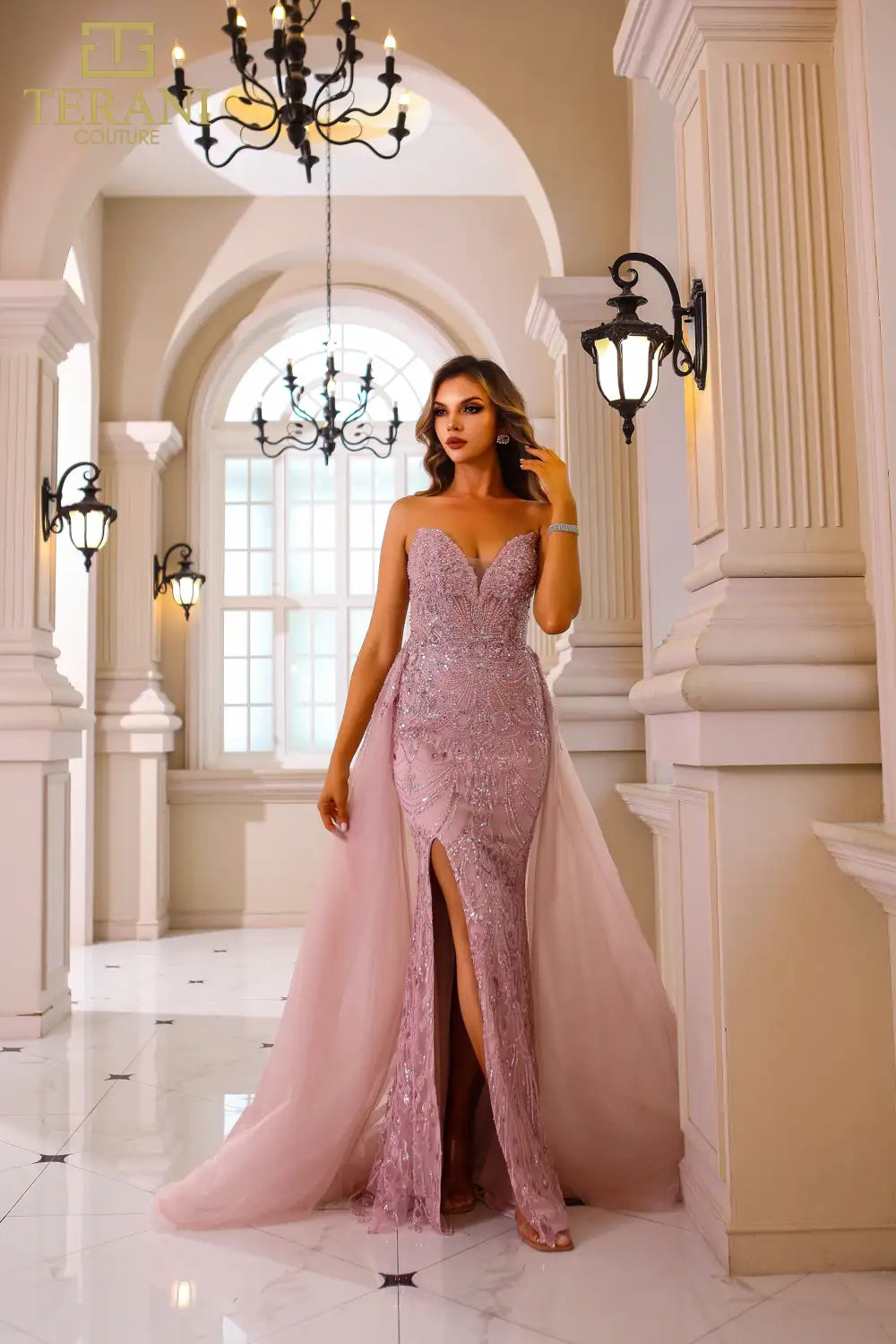 Terani Couture 251GL4312 Strapless Beaded Tulle Bodycon Long Blush Dress