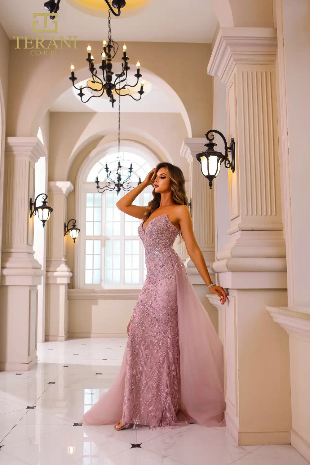 Terani Couture 251GL4312 Strapless Beaded Tulle Bodycon Long Blush Dress