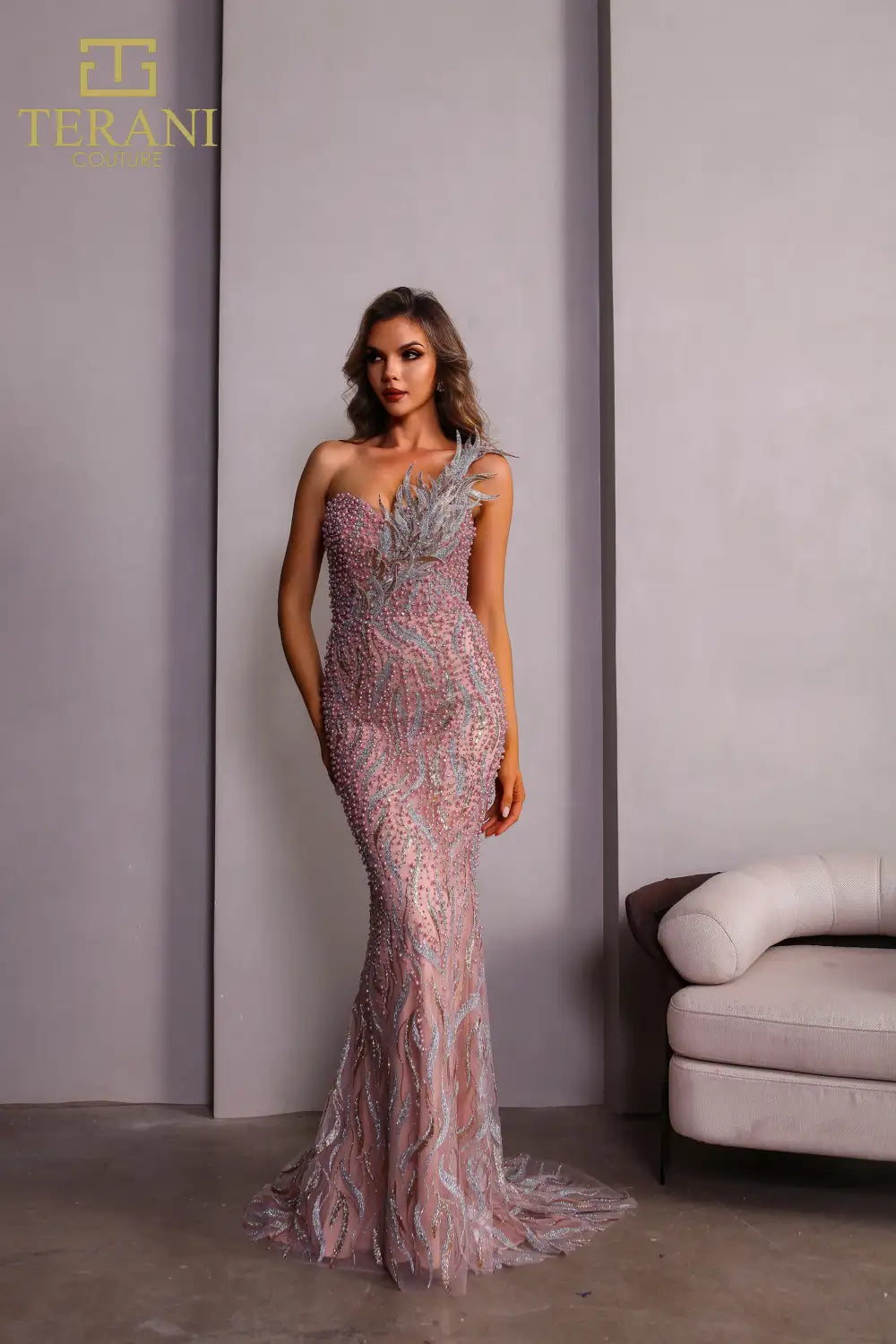 Terani Couture 251GL4315 Asymmetric One Shoulder Rose Gold Trumpet Pag  B  Chic Fashions