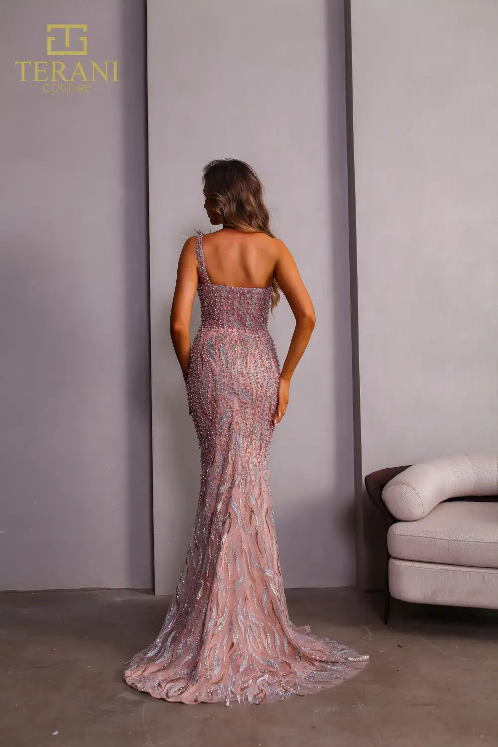 open lace back dress Sequin Fitted One Shoulder Slit Gown by Eureka EK113 XL / Rose Gold main image 0