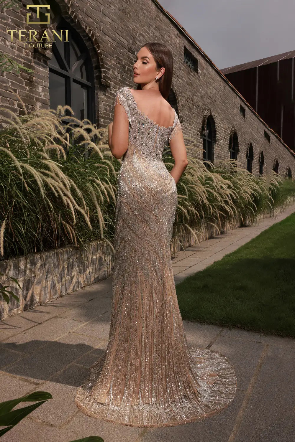 Terani Couture 251GL4345 Sweetheart Sleeveless Silver Nude Sheath Dress