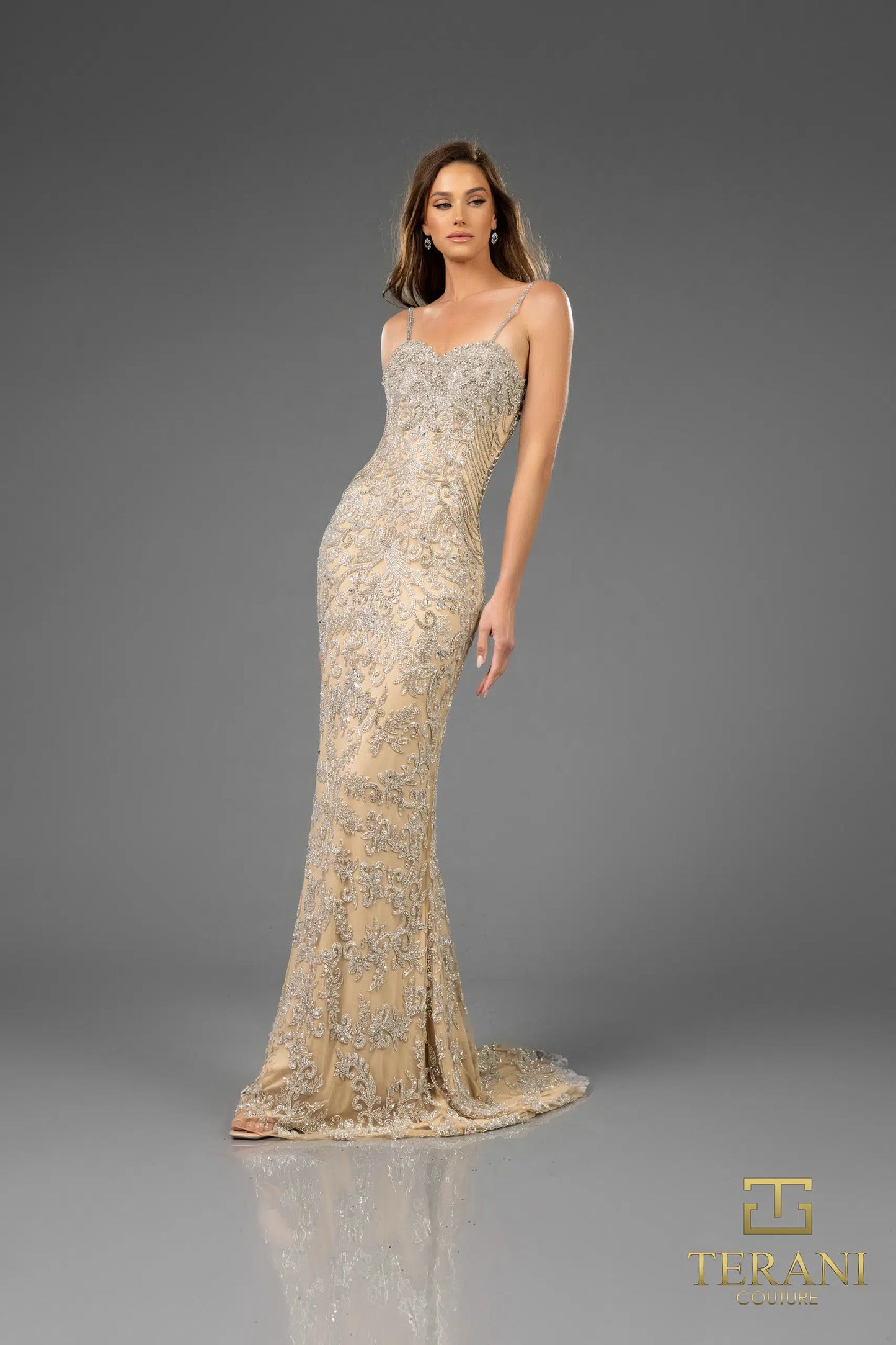 Terani Couture 251GL4346 Sweetheart Tulle Silver Nude Sheath Pageant Dress