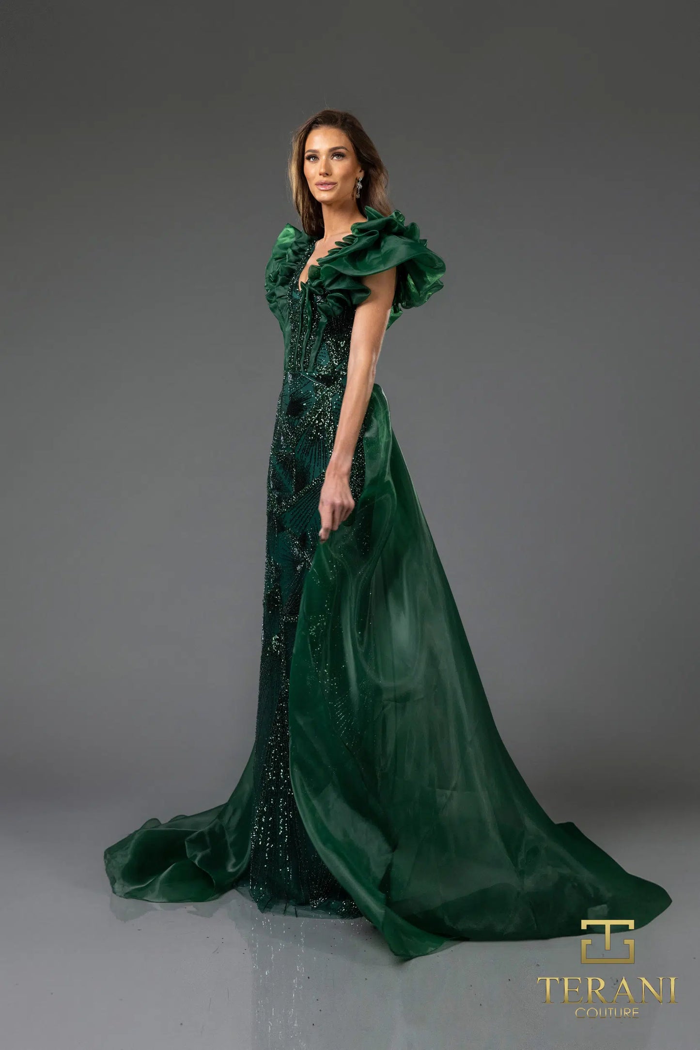 Terani Couture 251GL4357 V-neck Puff Sleeves Beaded Tulle Sheath Pageant Dress